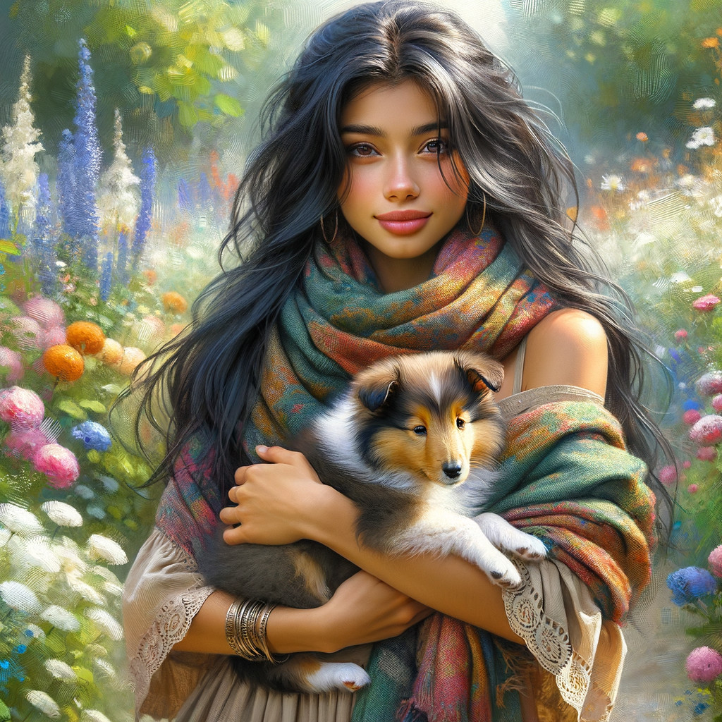 Young Woman with Collie Puppy Amidst Vibrant Flowers