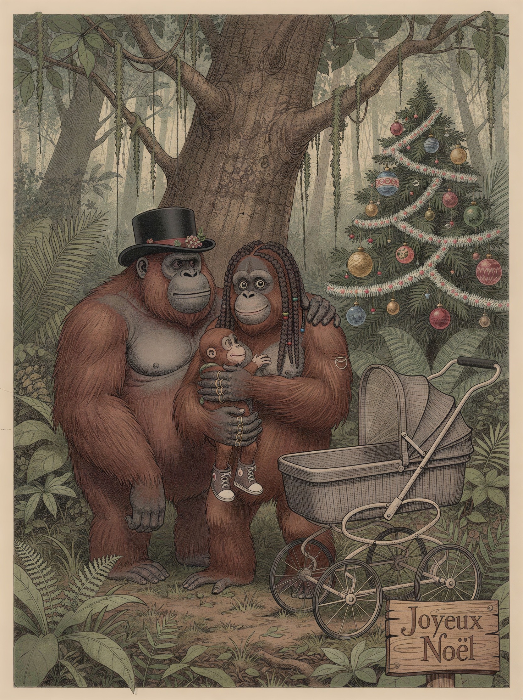 Family of Three Orangutans by Christmas Tree