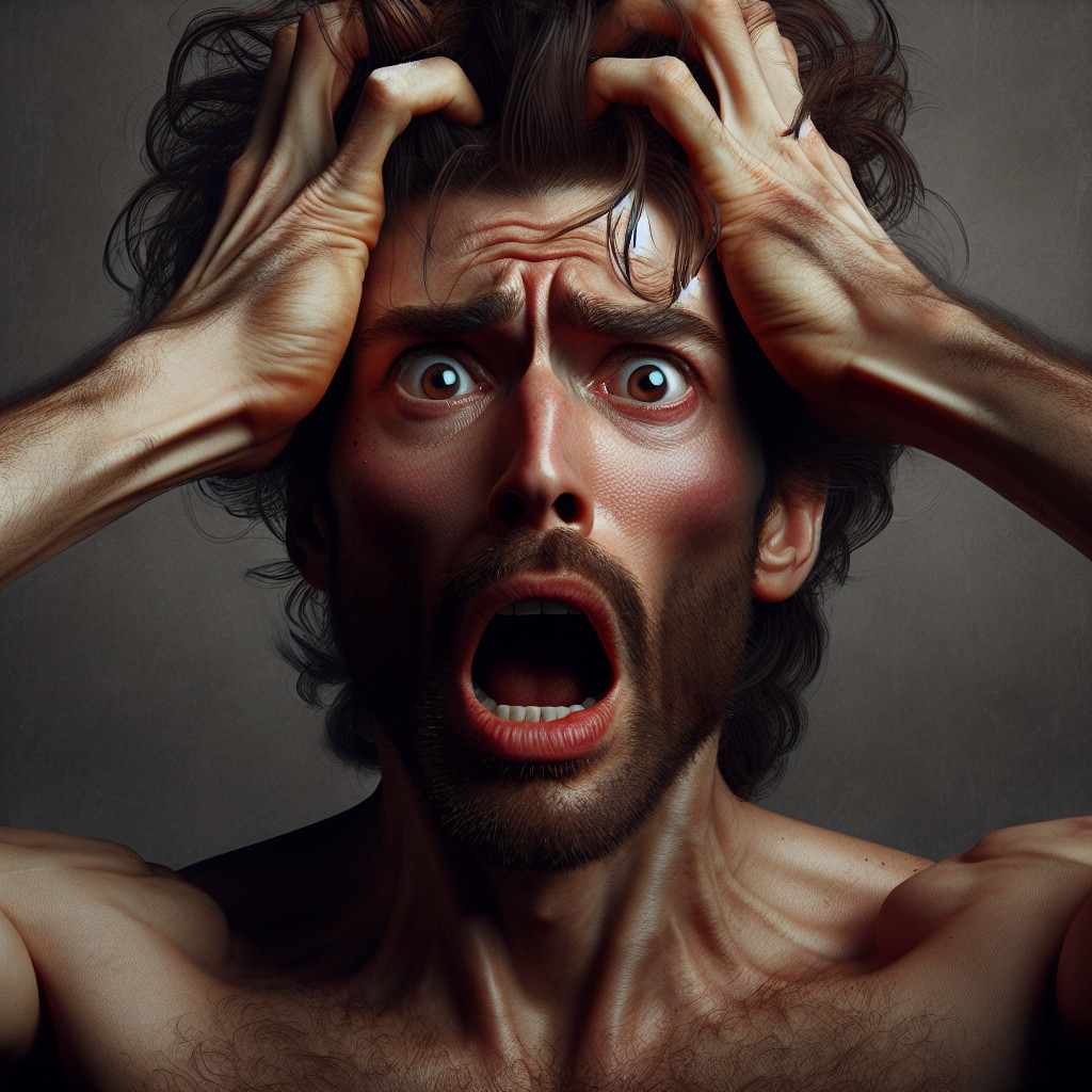 Man in Distress with Gripped Hair and Dramatic Lighting