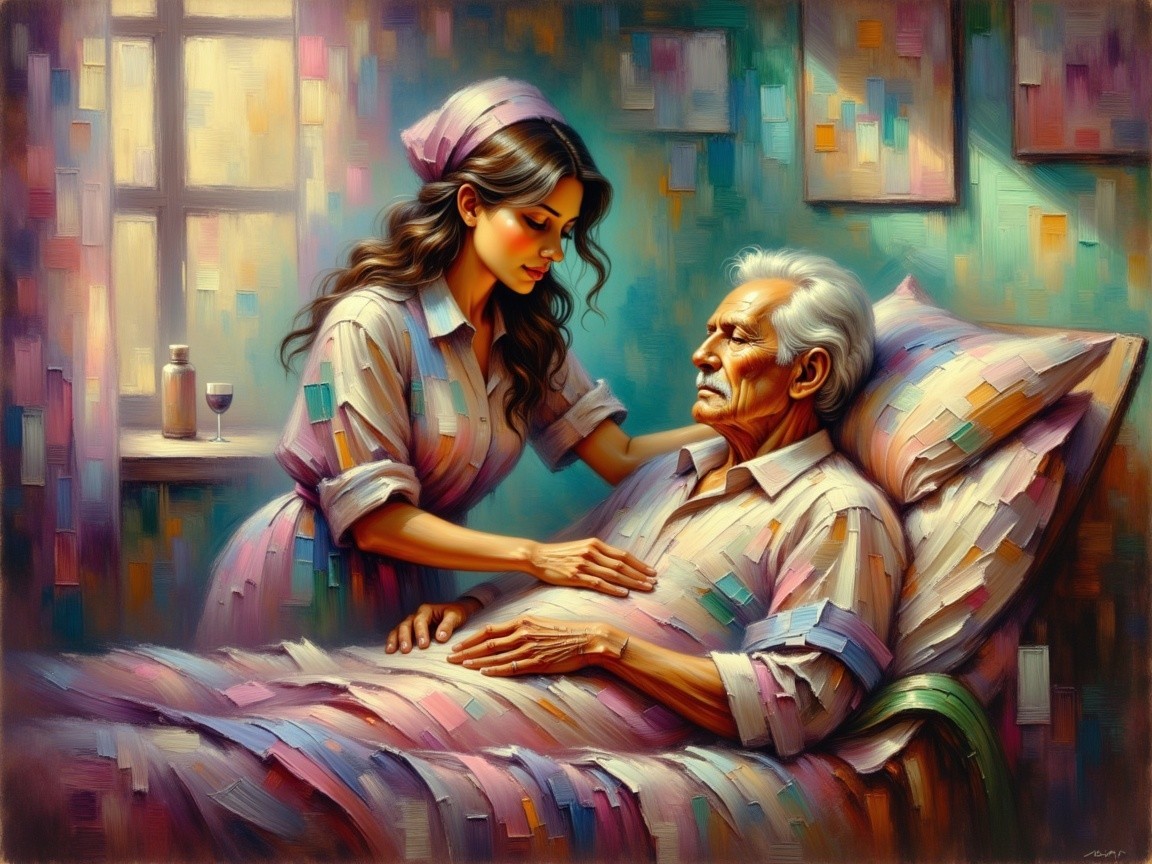 Nurse Comforts Elderly Man in Colorful Room Setting
