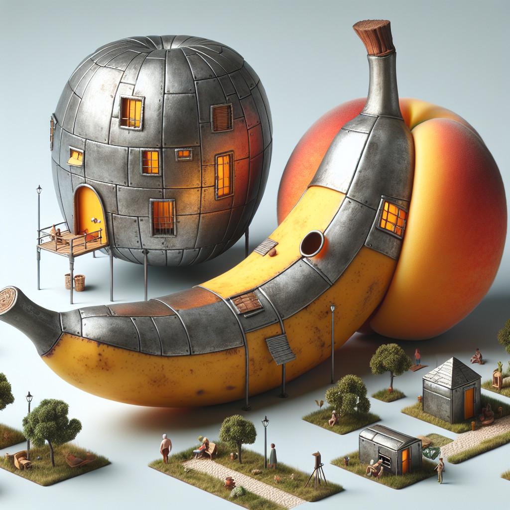 Giant Banana and Peach with Architectural Elements