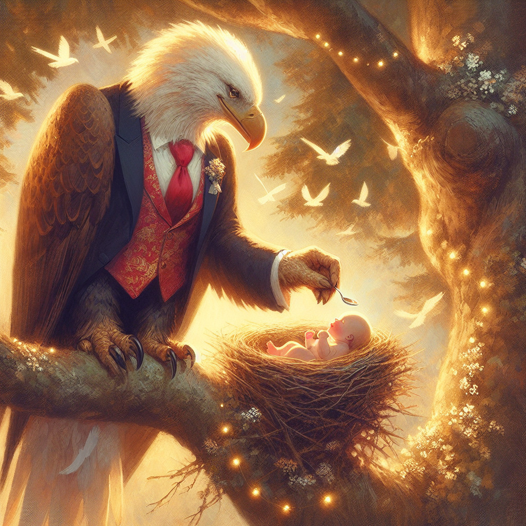 Majestic Eagle in Suit Feeds Baby in Enchanted Forest