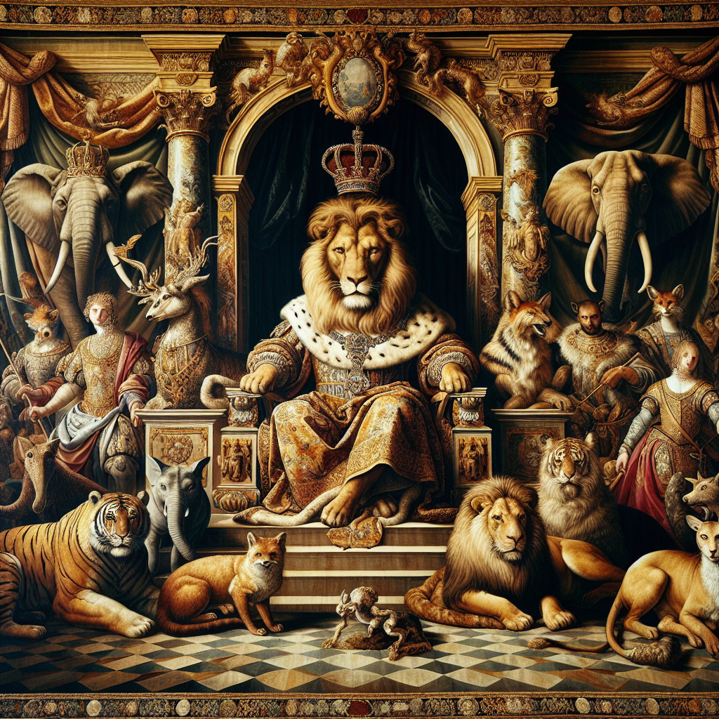 Majestic Lion on Throne Surrounded by Royal Animals