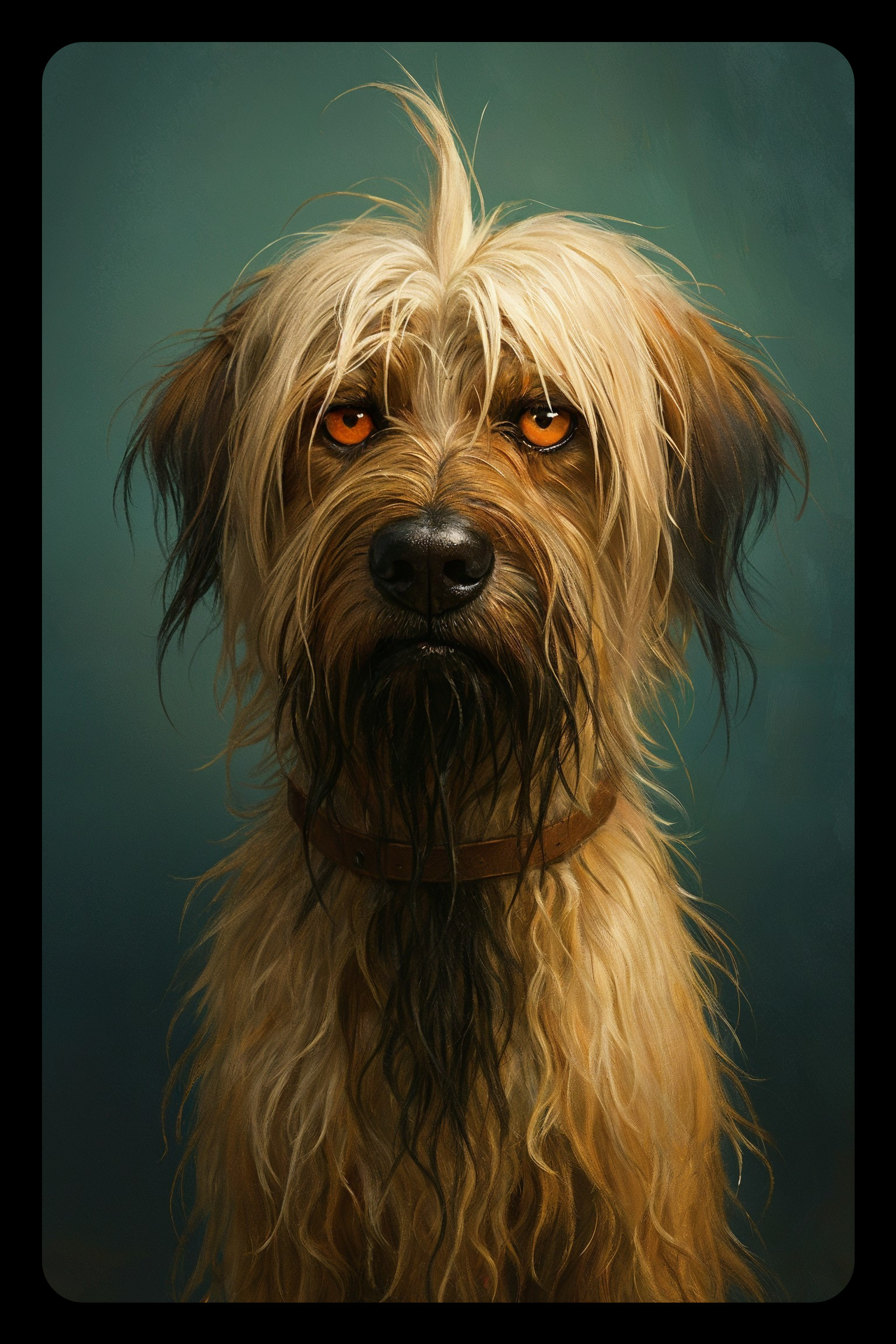 Portrait of a shaggy dog with golden and dark fur