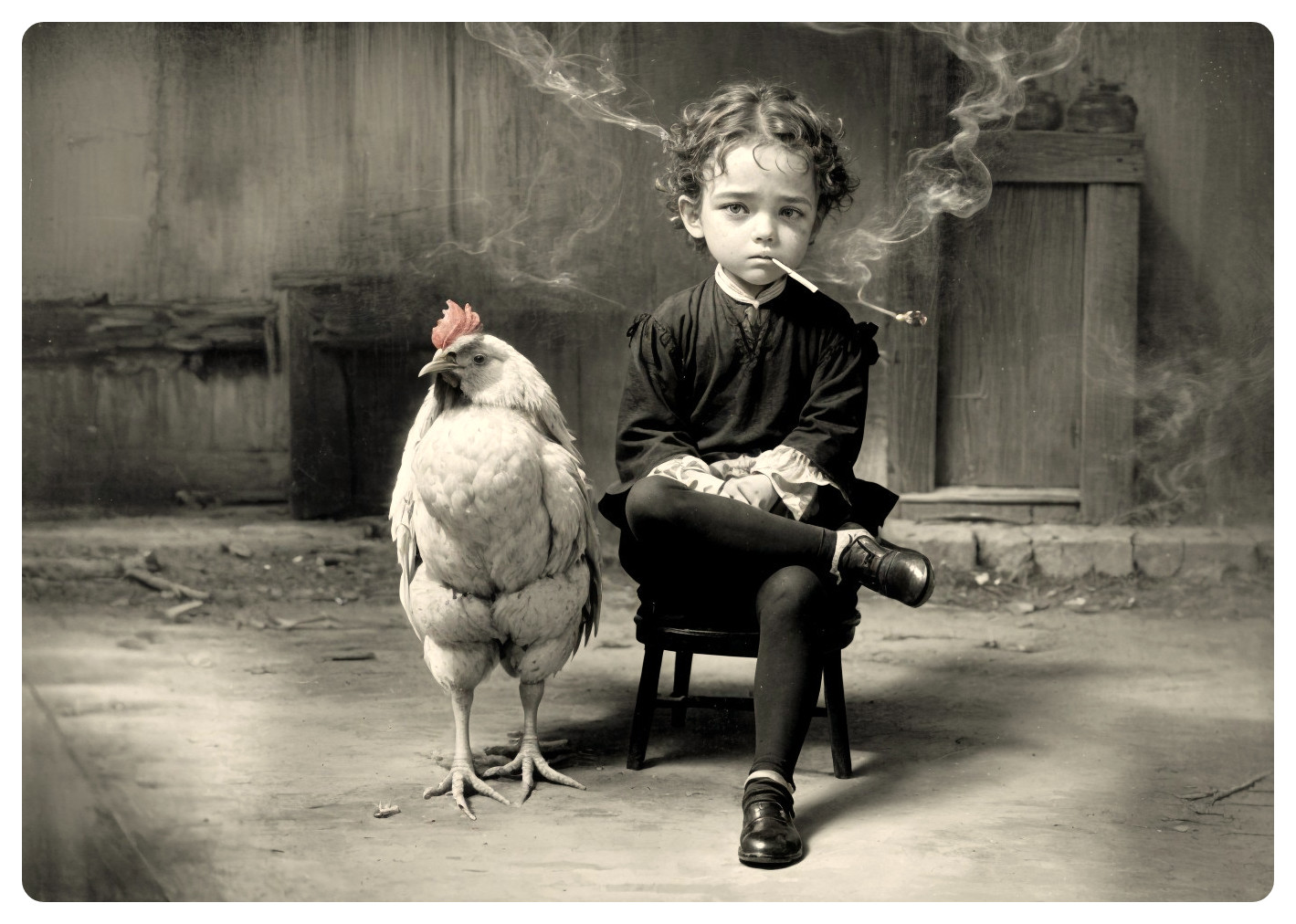 Vintage Black-and-White Photo of Child with Chicken