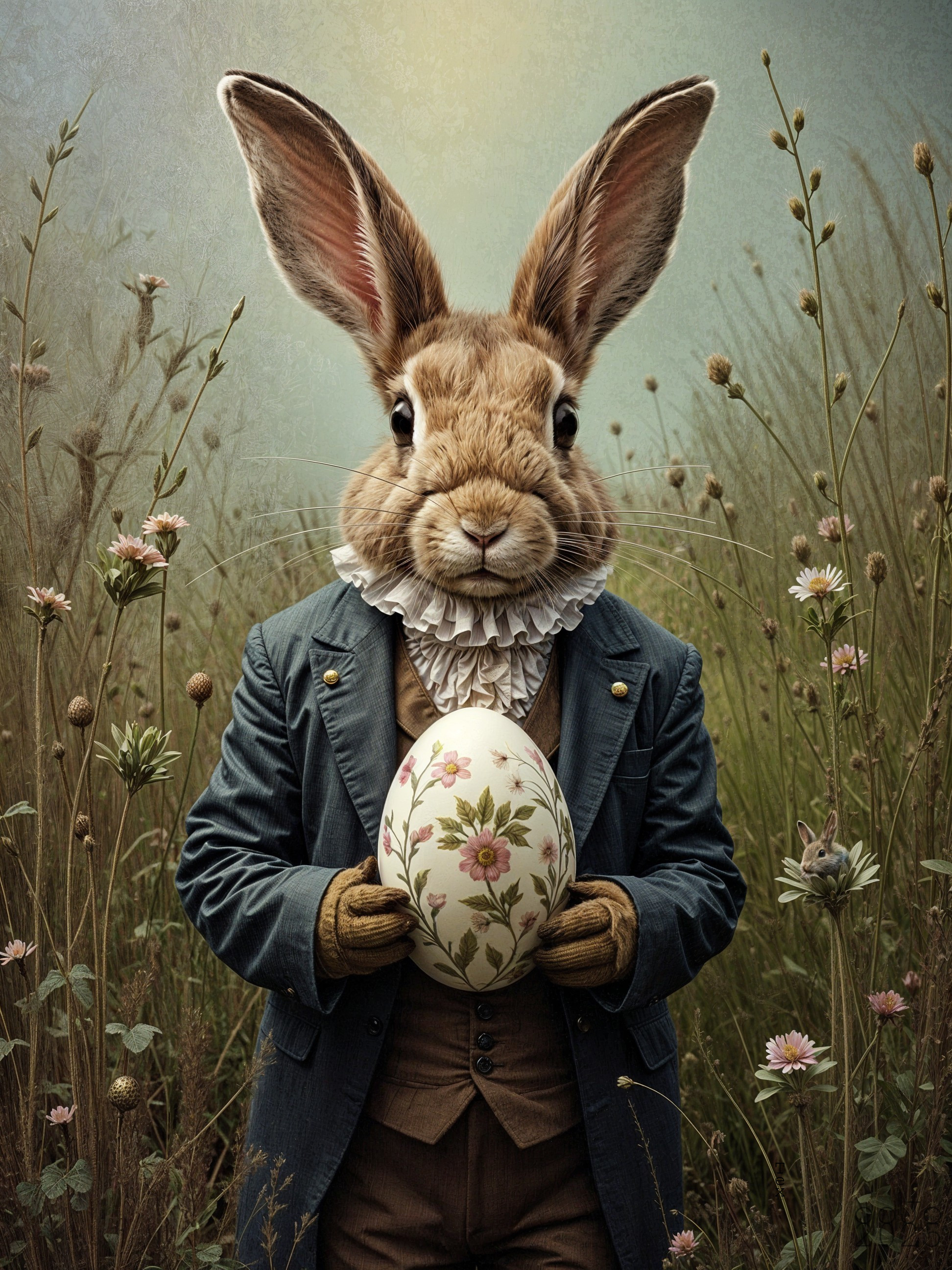 Whimsical Bunny in Vintage Suit with Decorated Egg