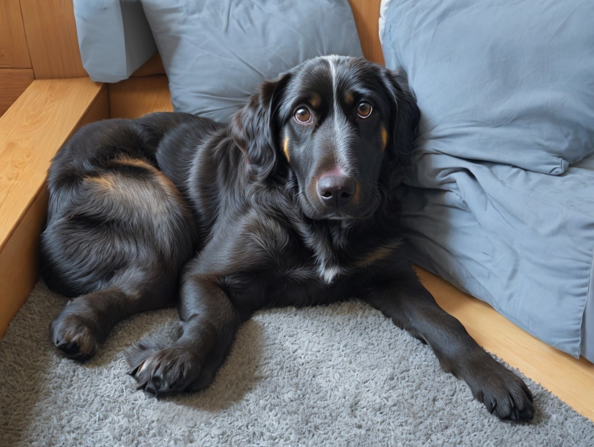 Fluffy Black Dog with Brown Markings on Gray Rug