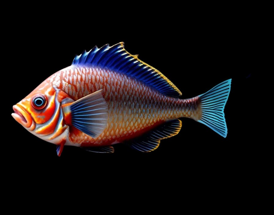 Colorful cichlid fish: blue fins, orange body with white dots, on black background