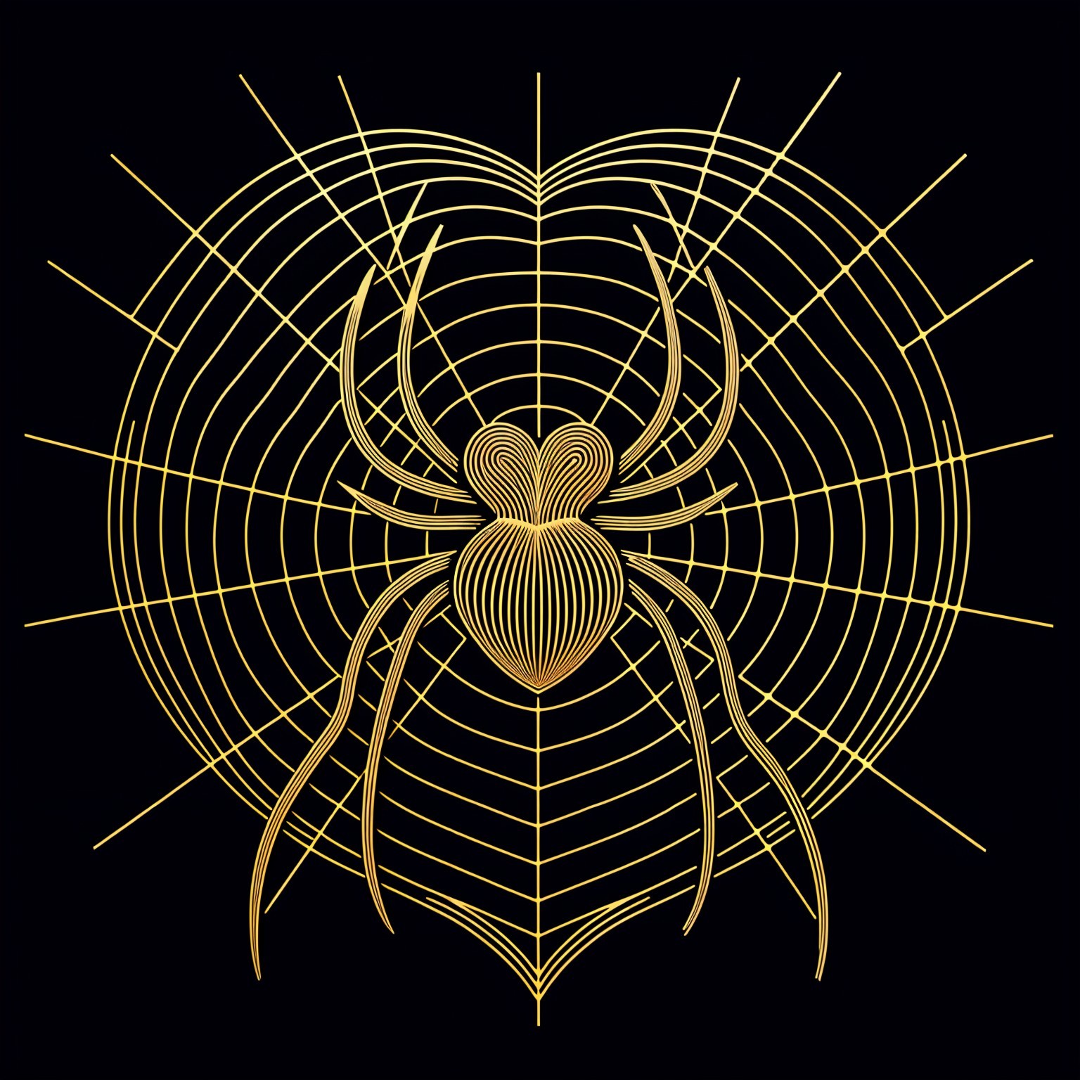 Golden Spider in Heart-Shaped Web on Black Background