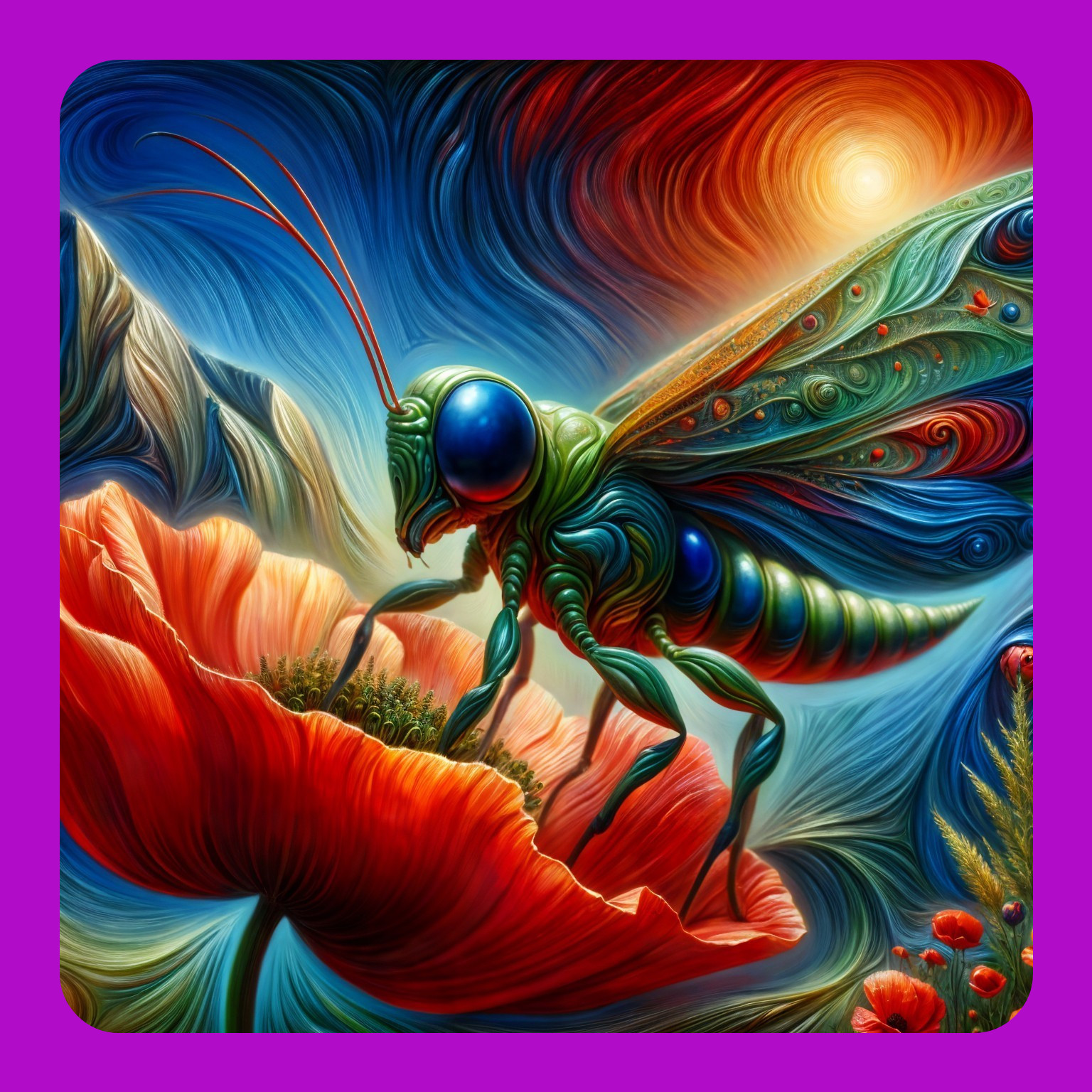 Surreal Insect on Red Poppy with Colorful Skies