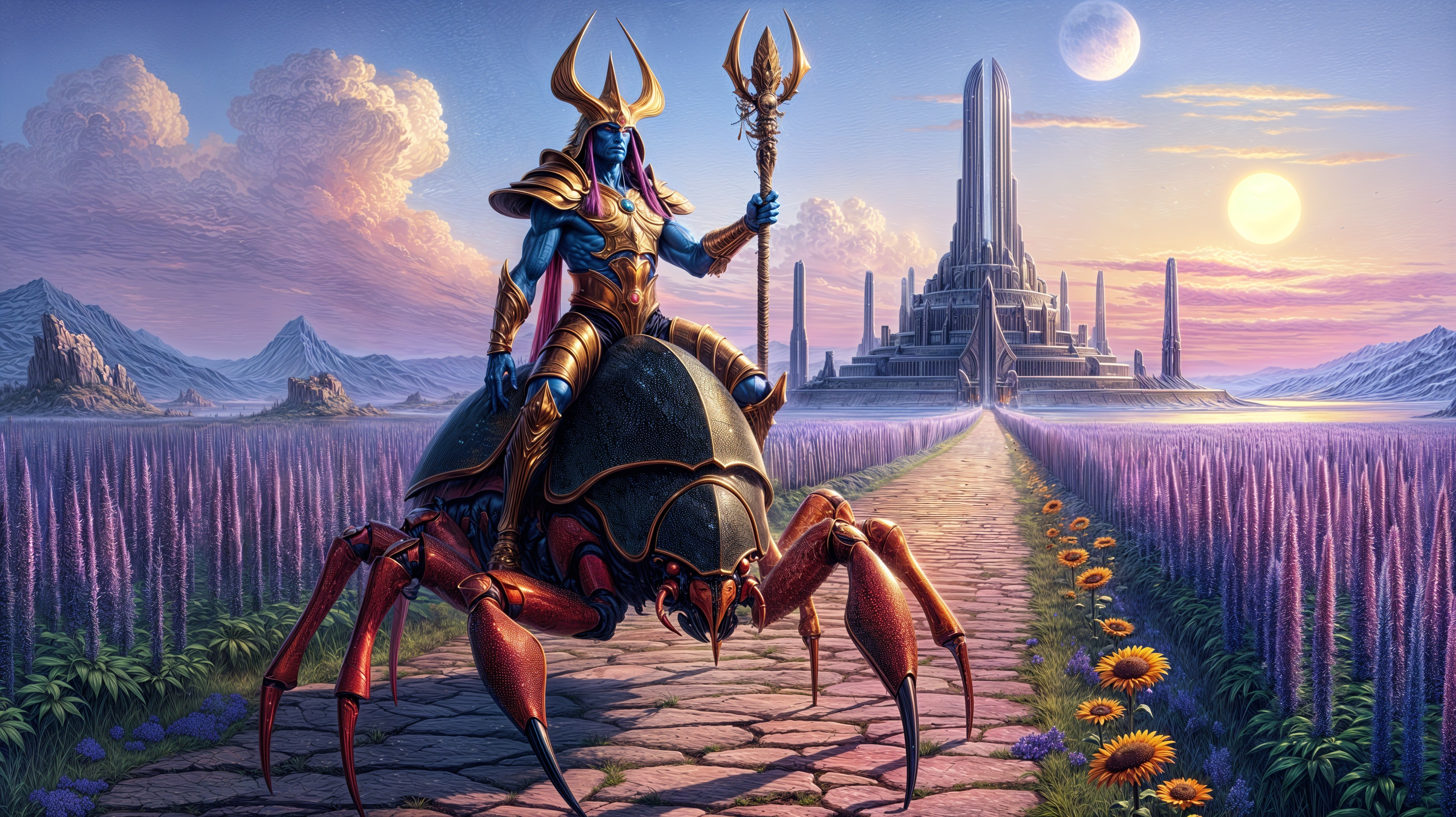 Majestic warrior on giant crab before futuristic fortress