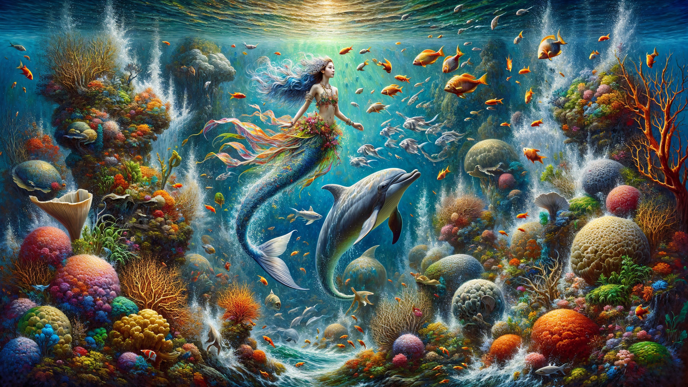 Vibrant Underwater Scene with Mermaid and Marine Life