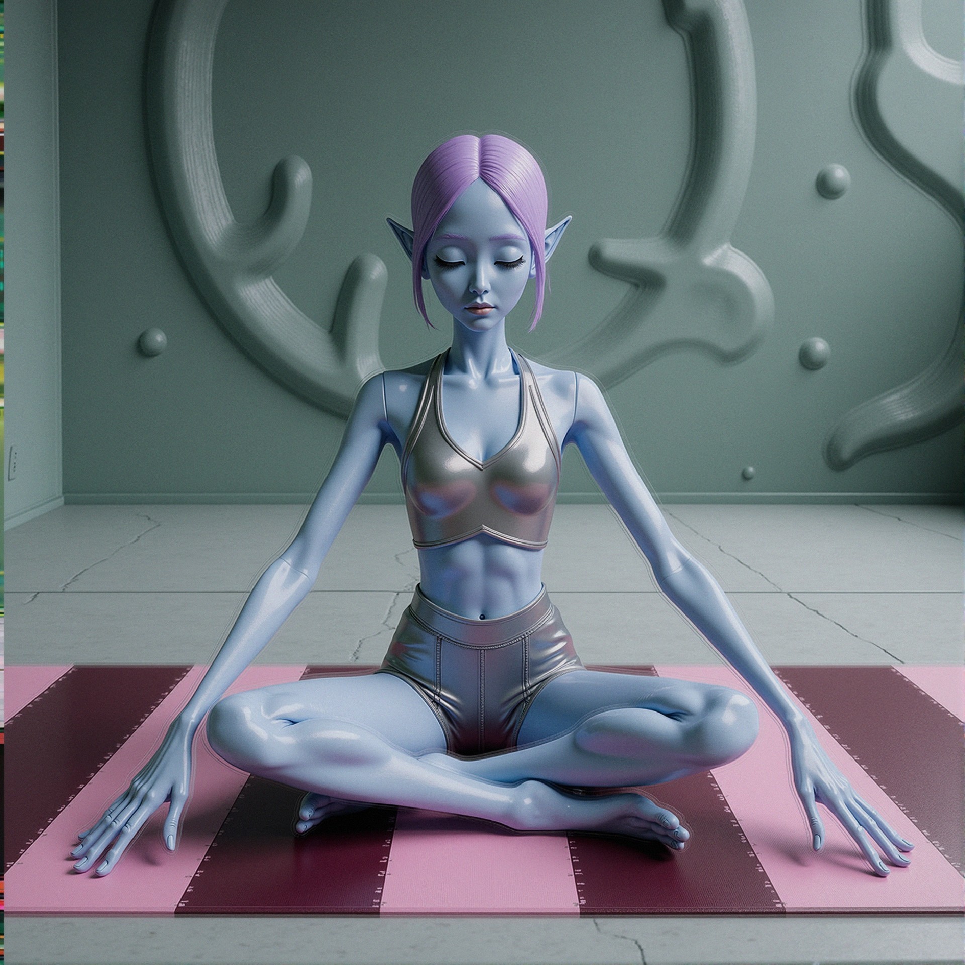 Futuristic Figure Meditating on Pink Yoga Mat