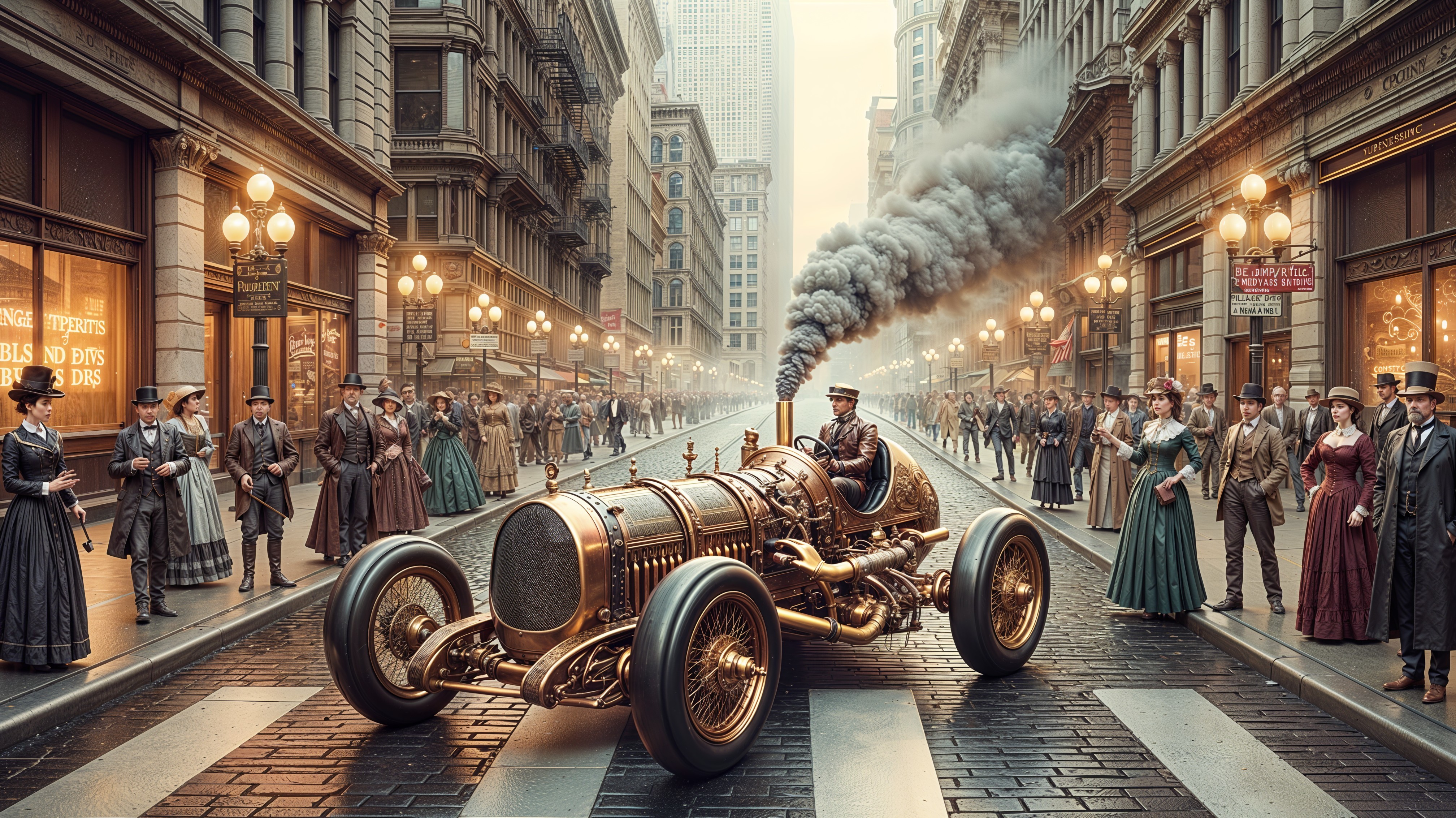 Vintage Street Scene with Steam-Powered Automobile