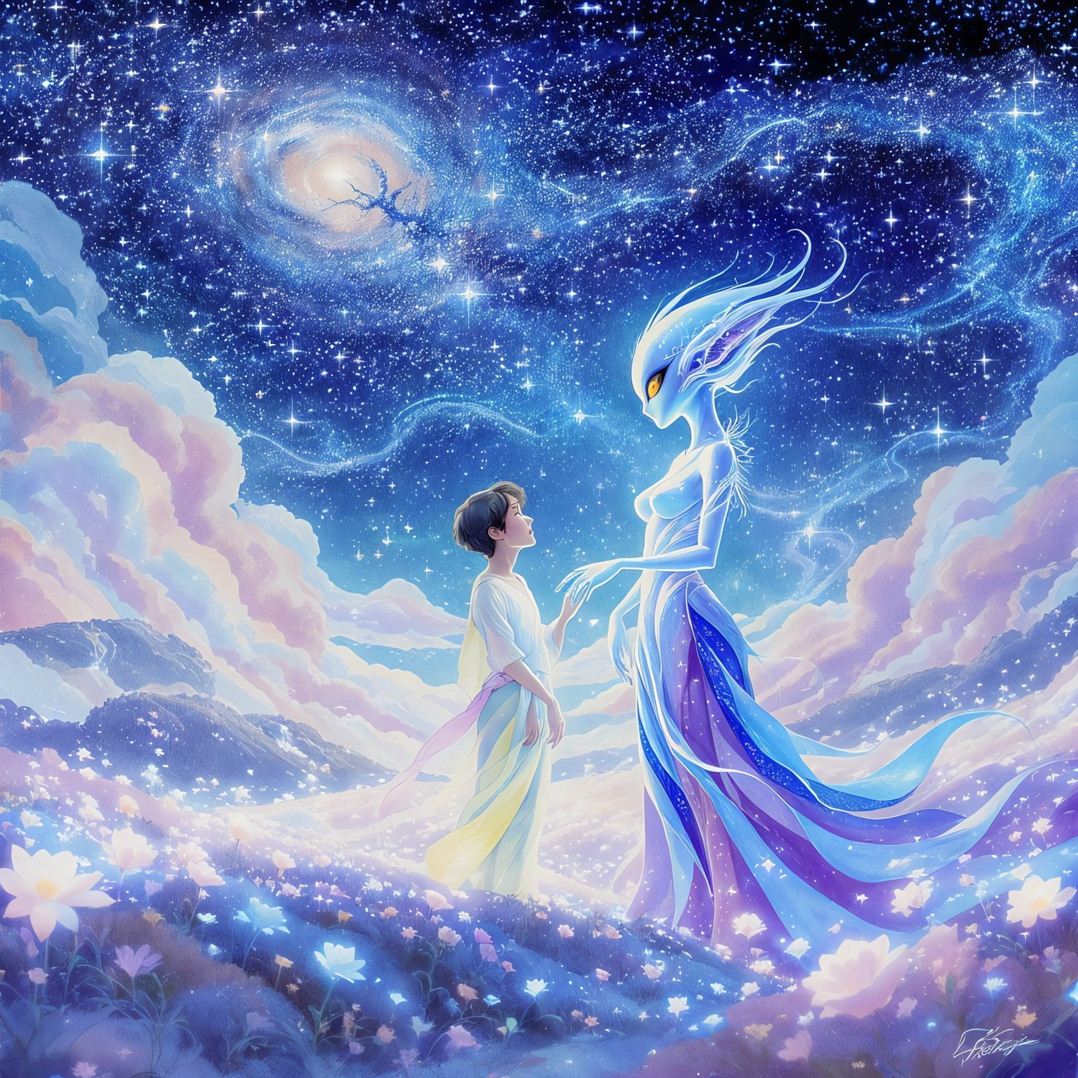 Ethereal Figures in a Cosmic Flower Field Scene