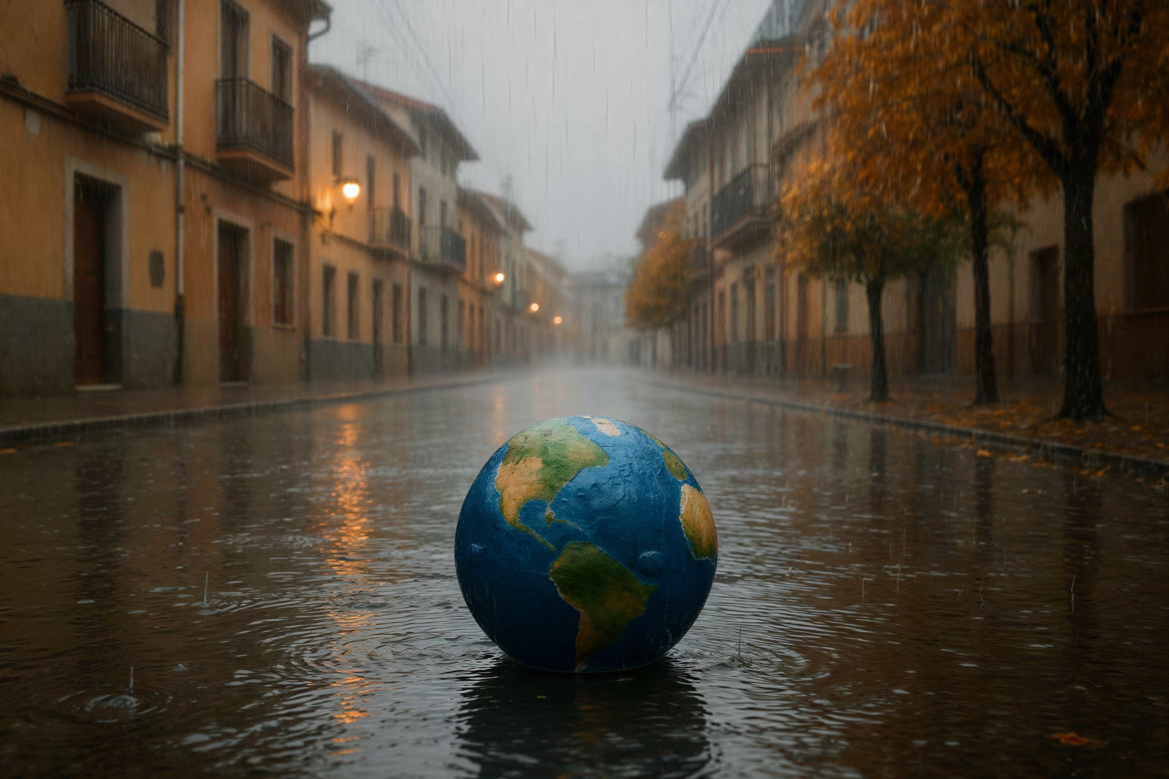 Globe Model in Puddle on Rainy Street Scene