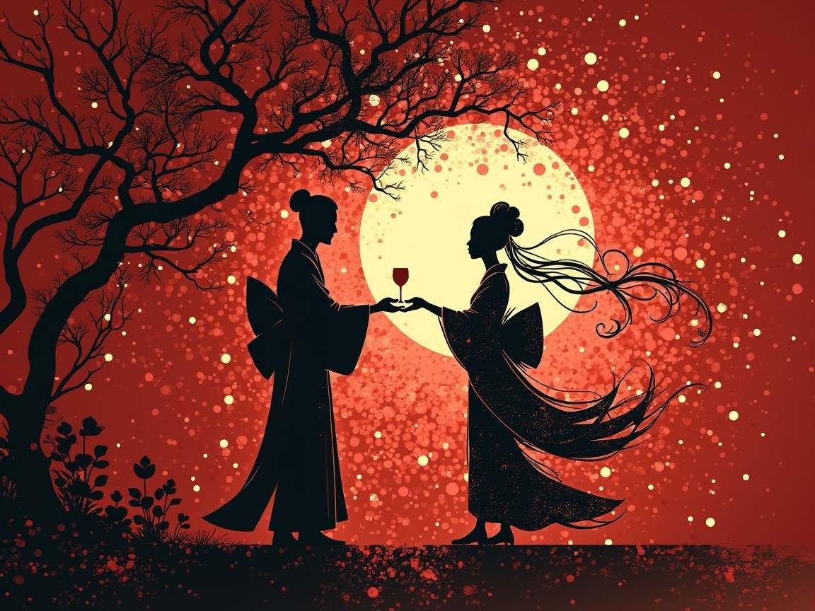 Elegant Figures in Kimonos Under a Glowing Moon