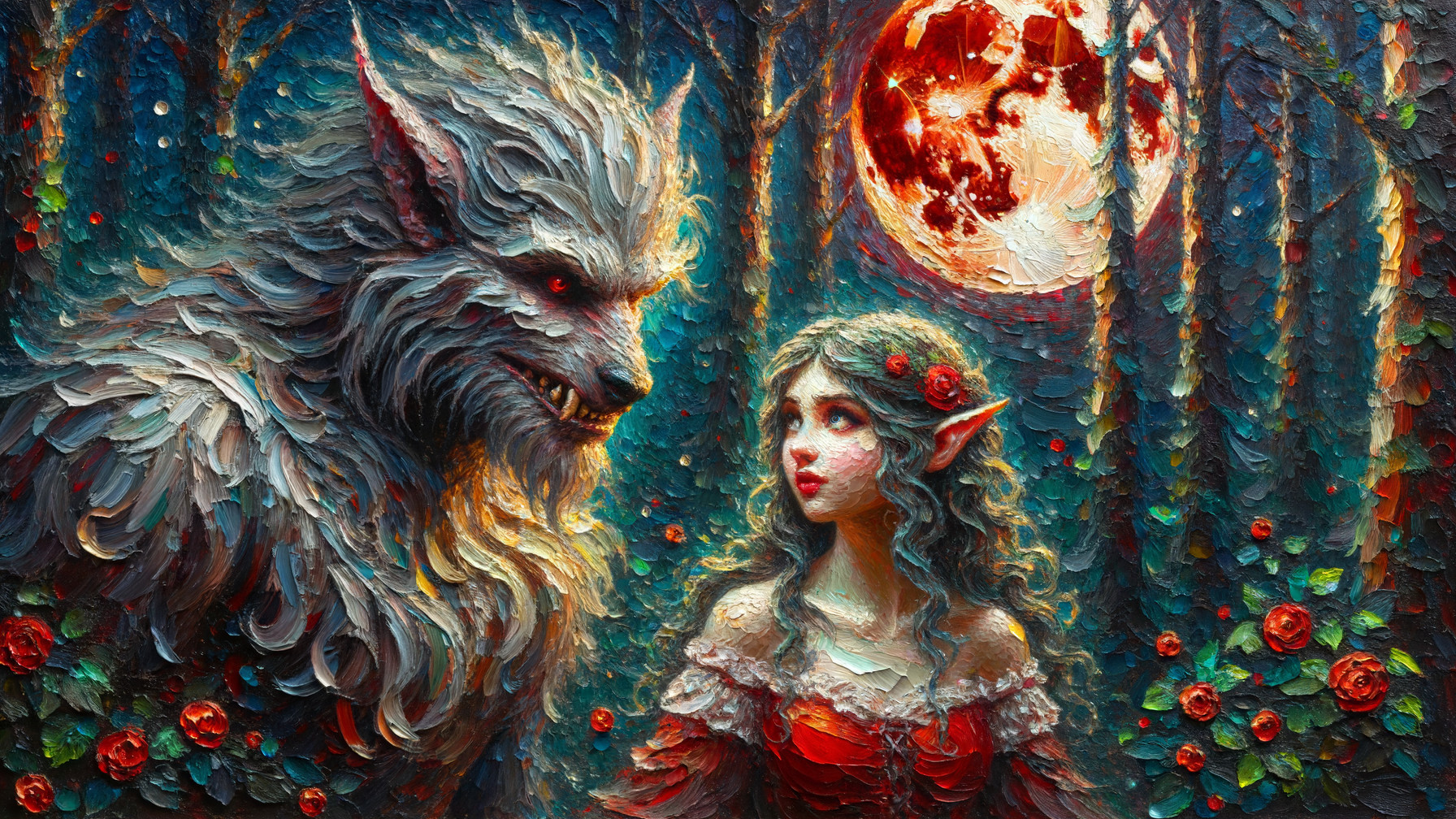 Moonlit Forest Scene with Wolf-like Creature and Woman