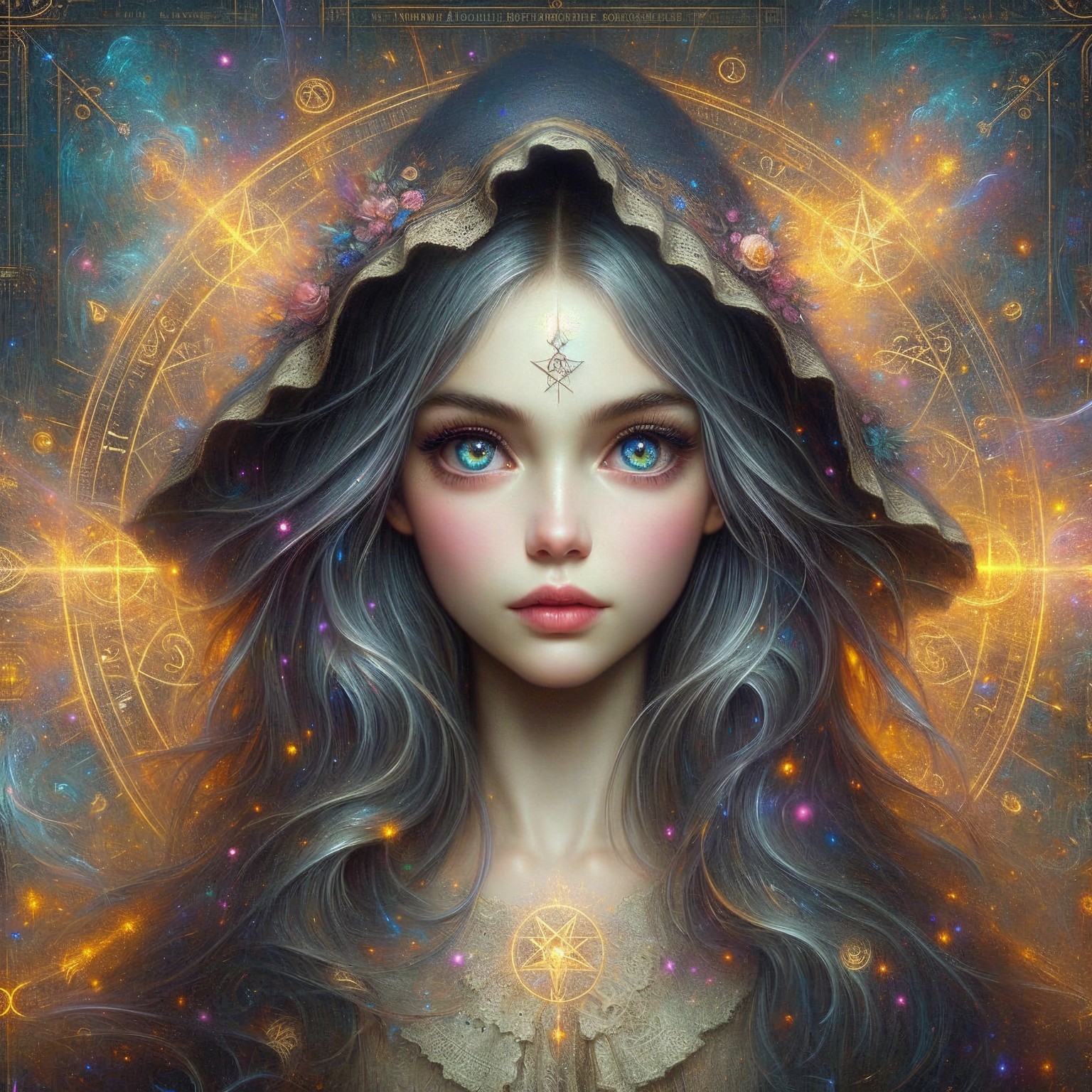 Mystical Woman with Silvery Hair in Cosmic Setting