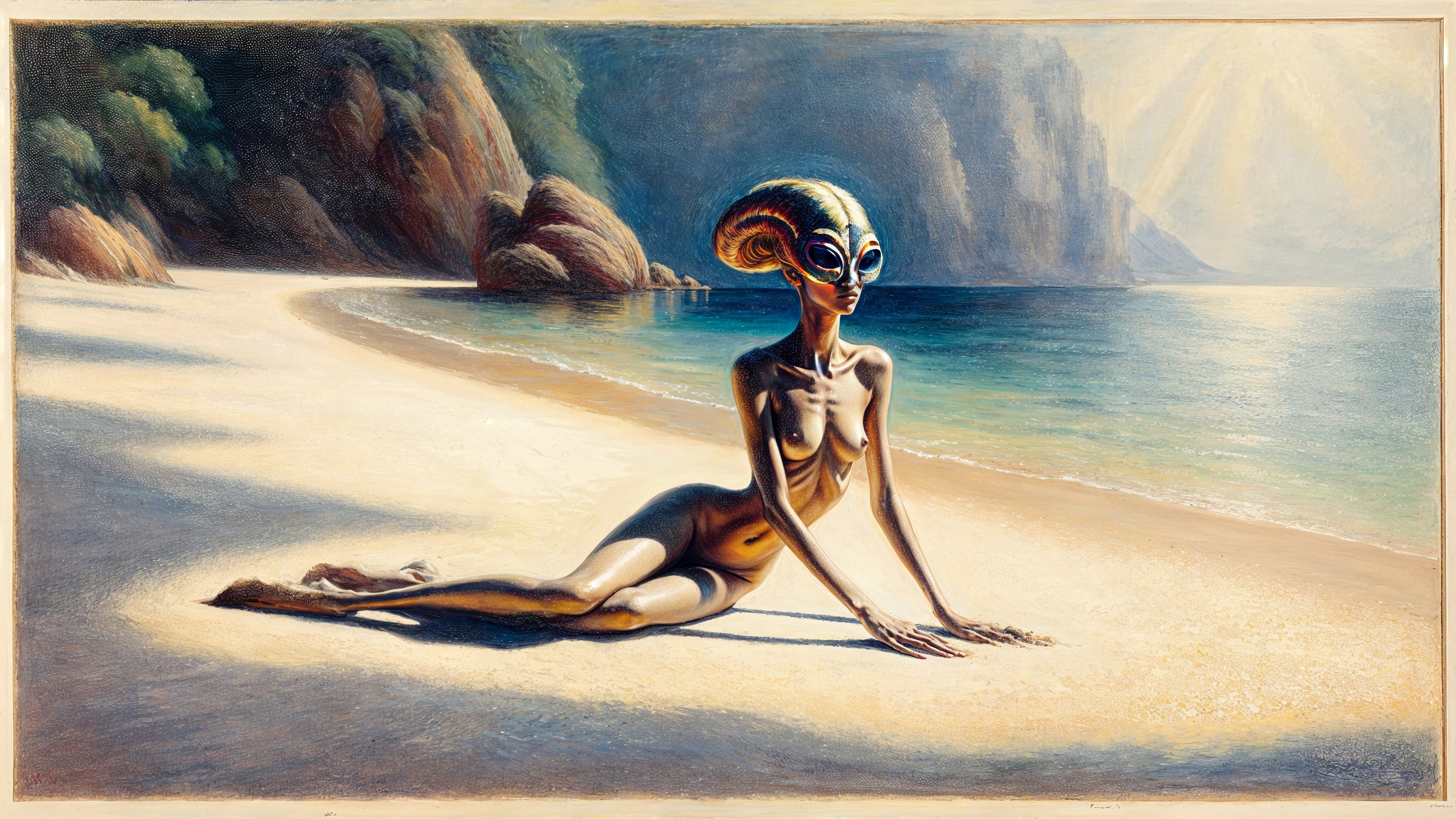 Surreal Alien Figure on a Pristine Beach Scene