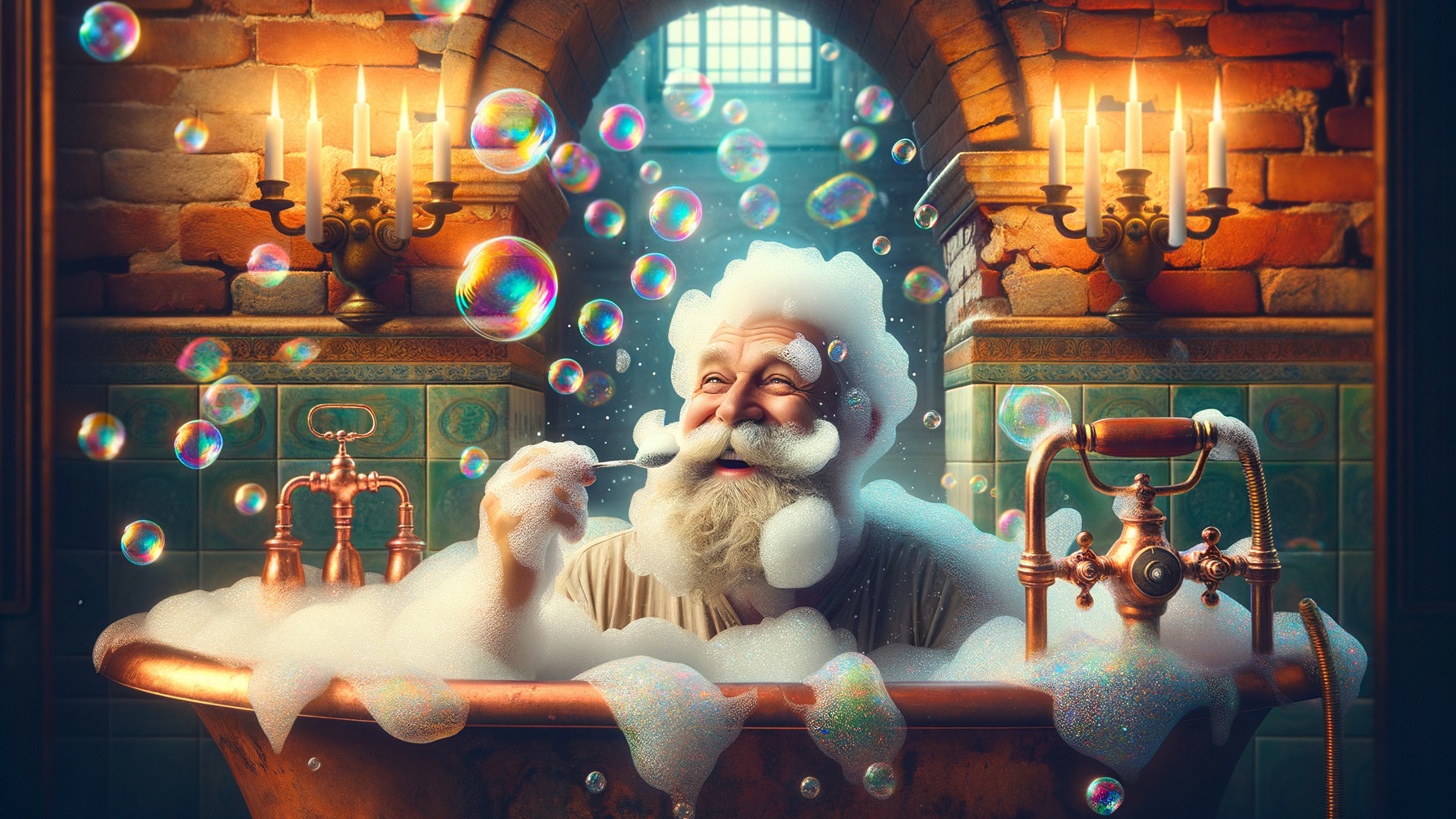Bearded Figure in Vintage Bathtub with Bubbles