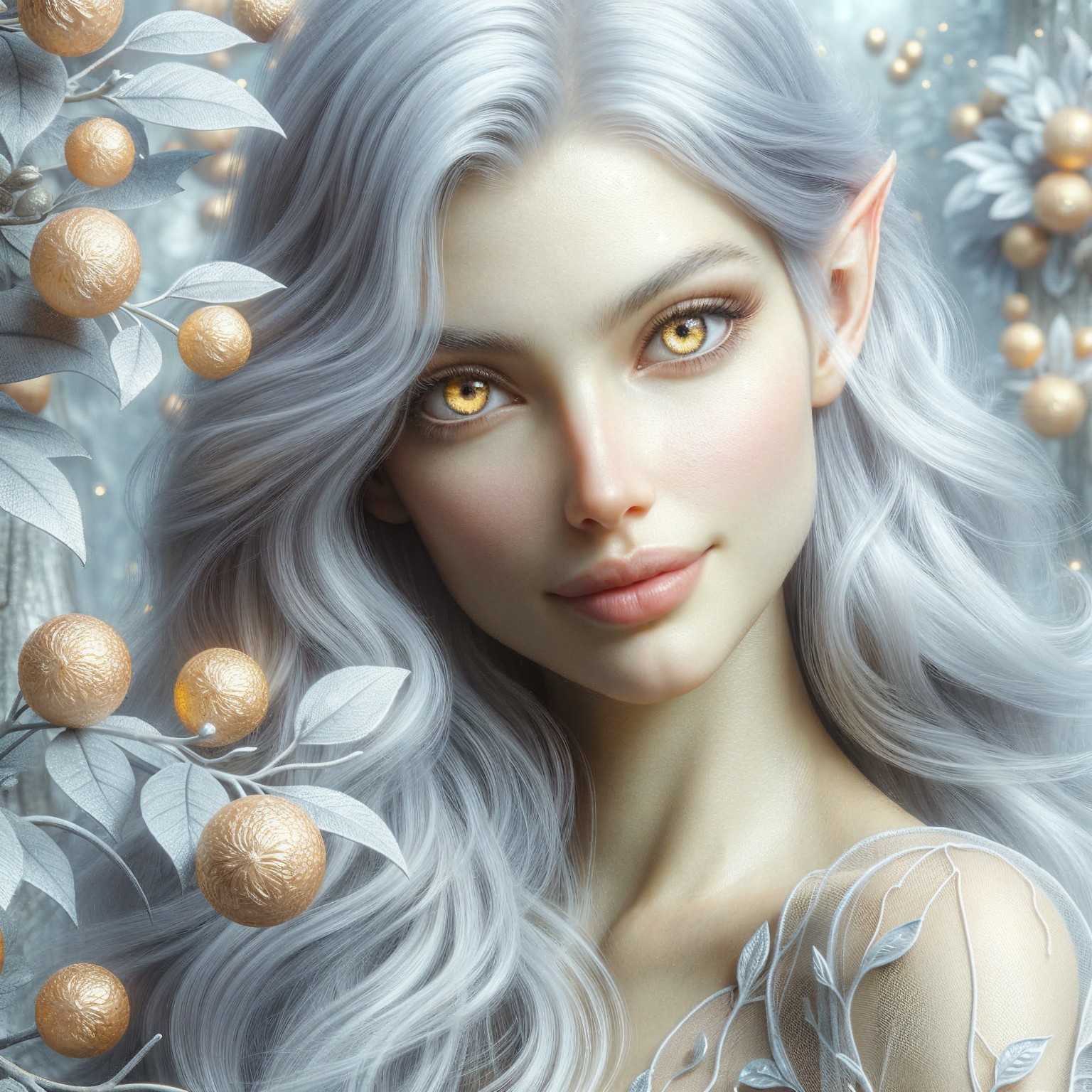 Serene figure with silver hair and golden eyes