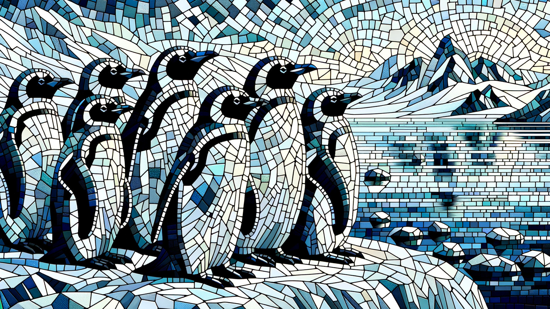 Mosaic of Penguins on Snowy Iceberg with Mountains