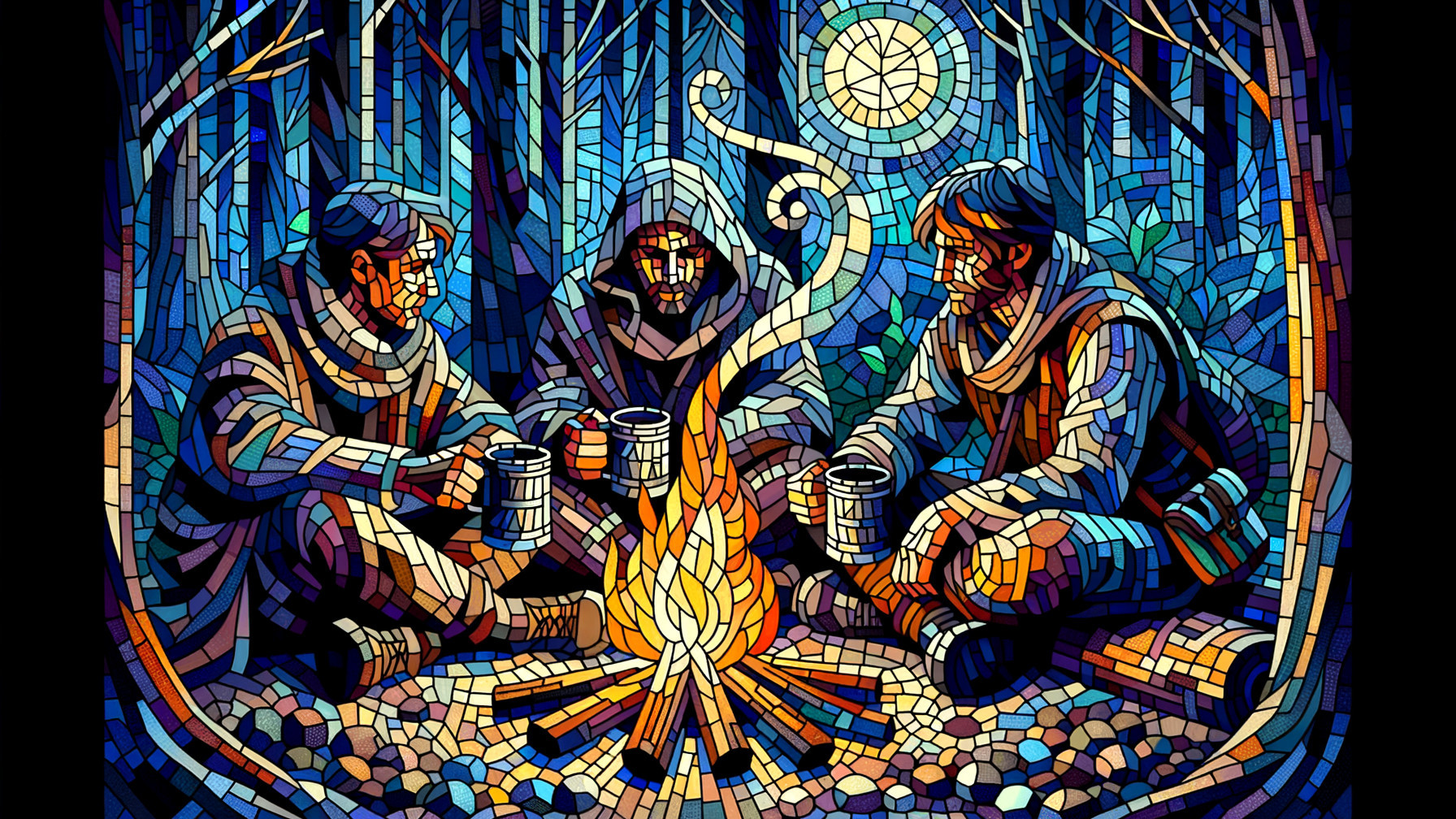 Vibrant Stained-Glass Mosaic of Campfire Gathering