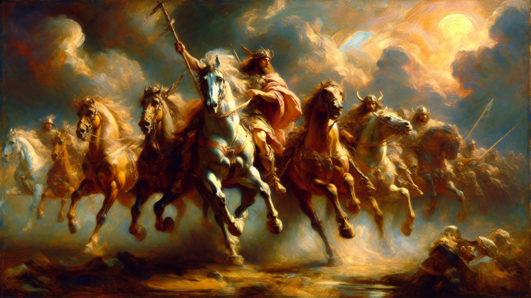 Warriors on Horses in Dramatic Charging Scene