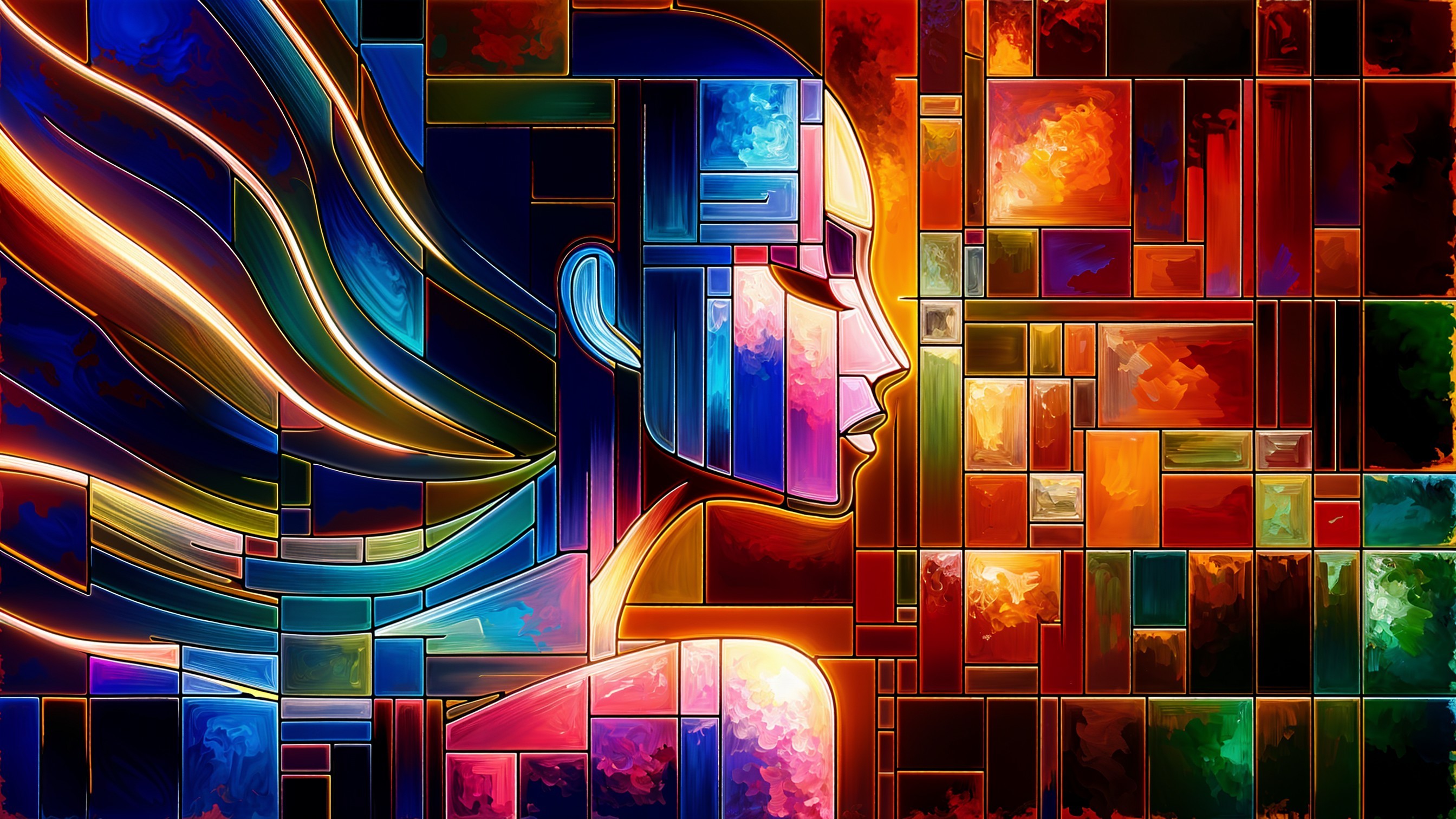 Stylized Woman Profile with Mosaic Background Colors