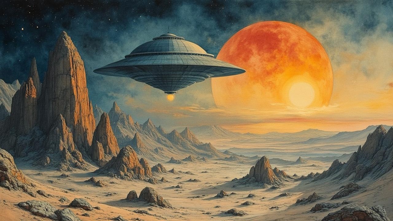 Futuristic Landscape with UFO and Dramatic Mountains