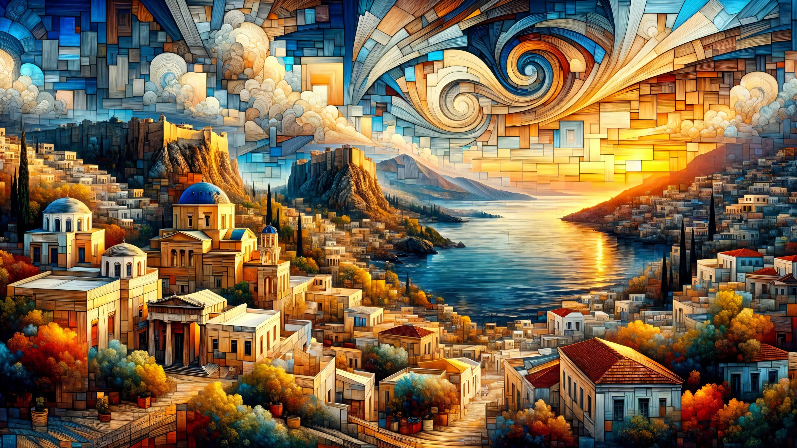 Vibrant Coastal Village with Stylized Warm-Hued Buildings