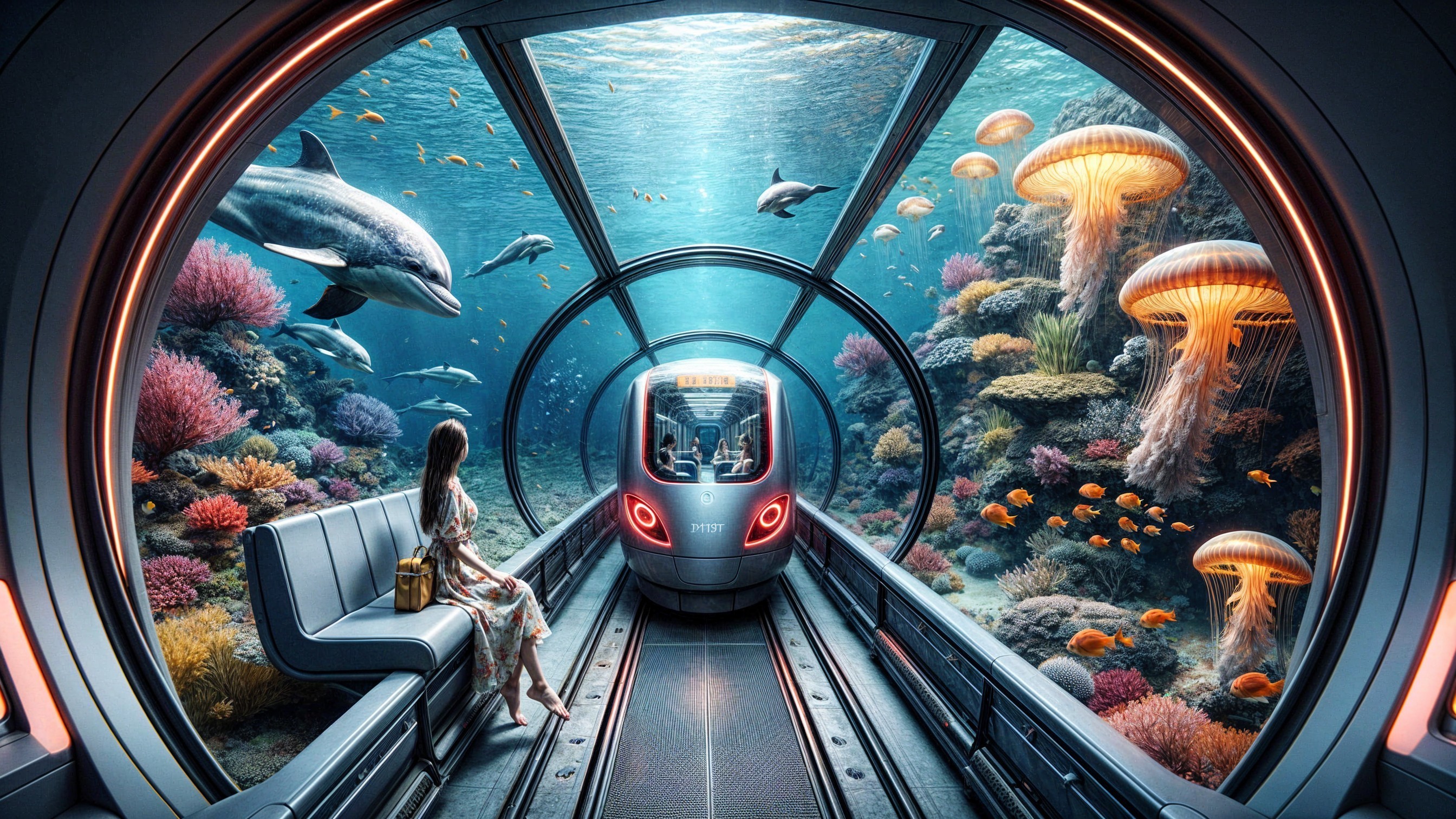 Futuristic Train Journey Through Vibrant Coral Reef