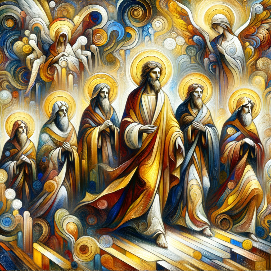 Stained Glass Image of Spiritual Figures Descending Stairs