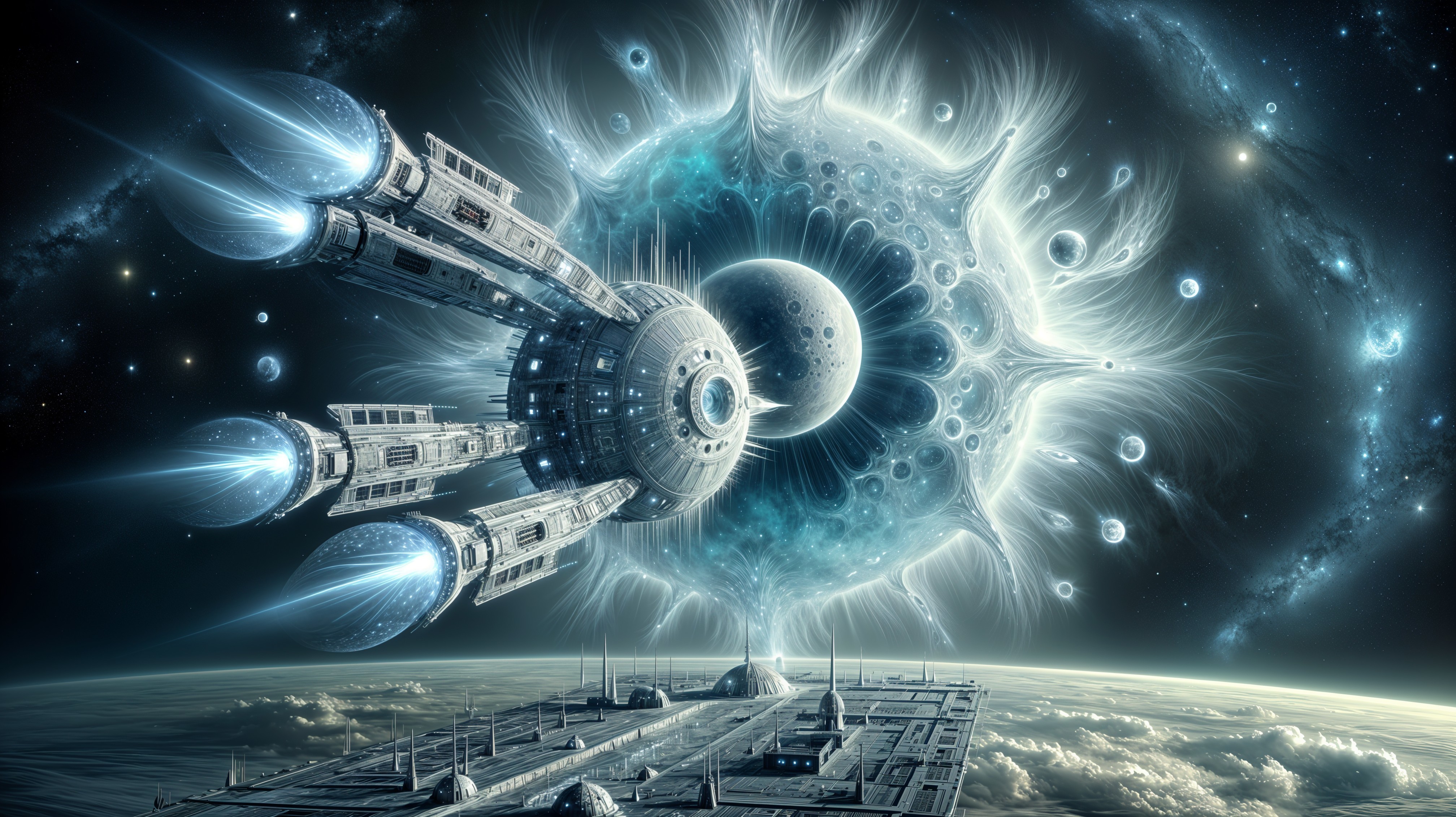 Futuristic spacecraft in vibrant cosmic scene