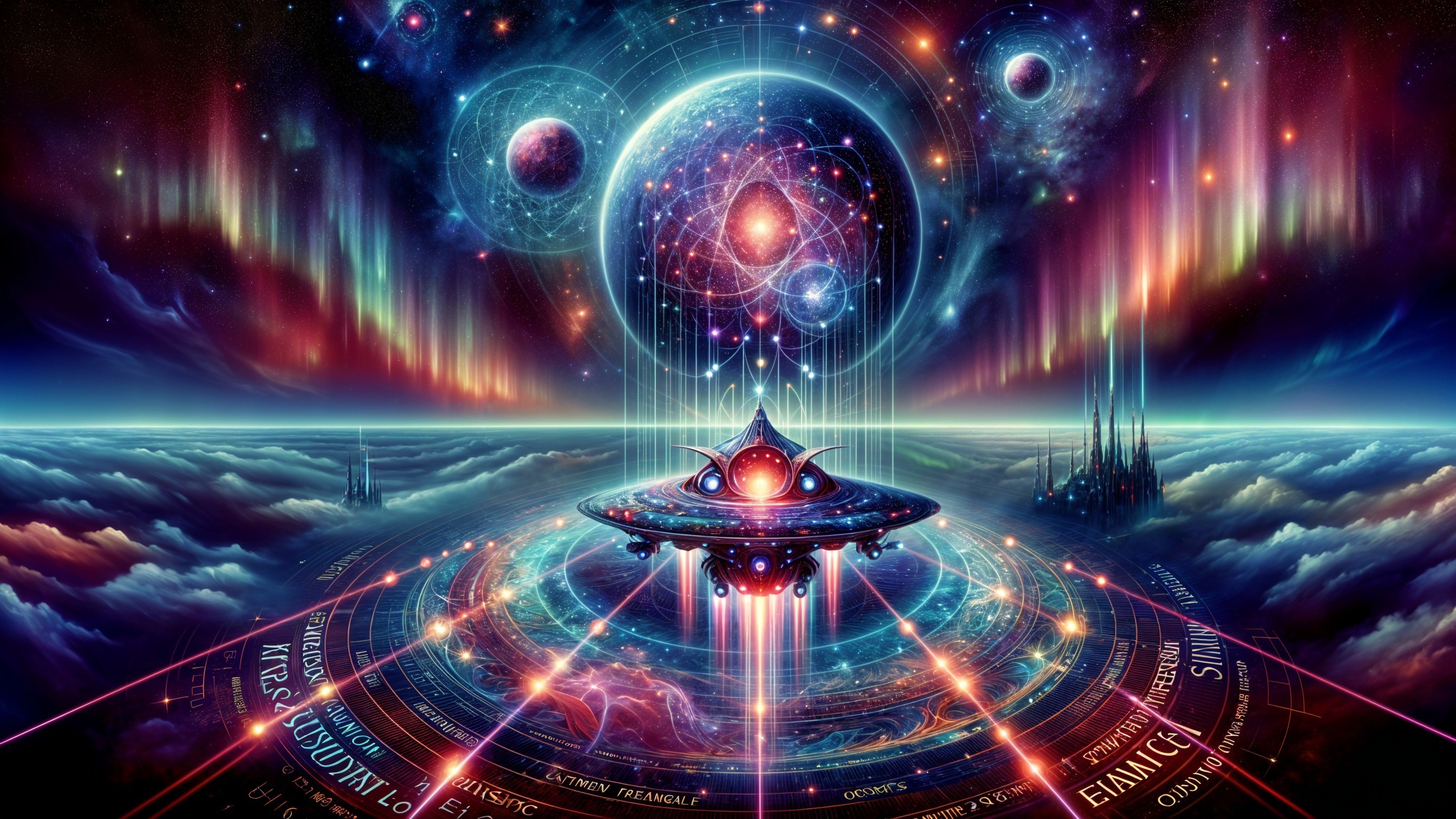 Vibrant Cosmic Landscape with Spaceship and Nebulas