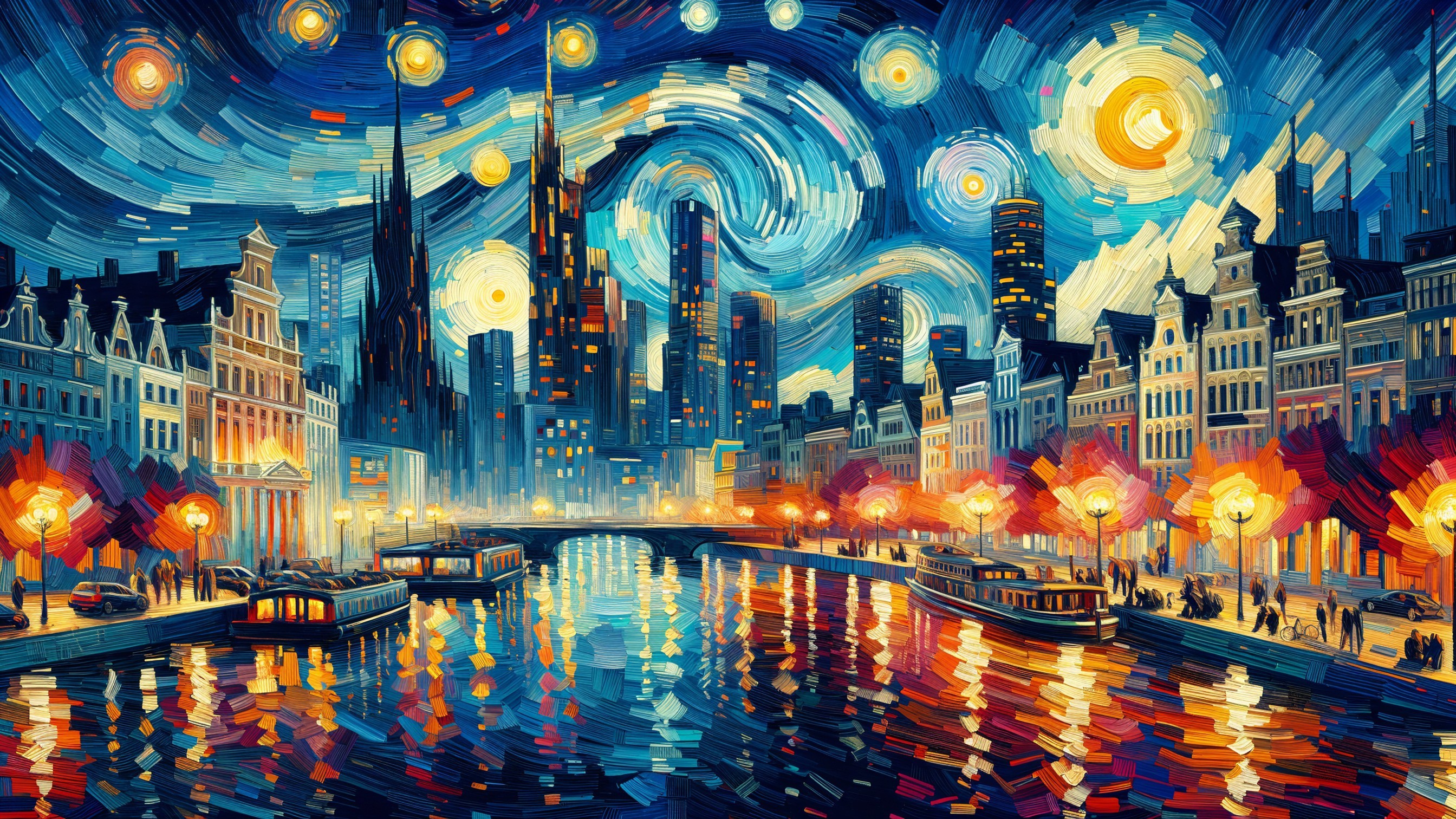 Vibrant Night Cityscape with Modern and Classic Elements