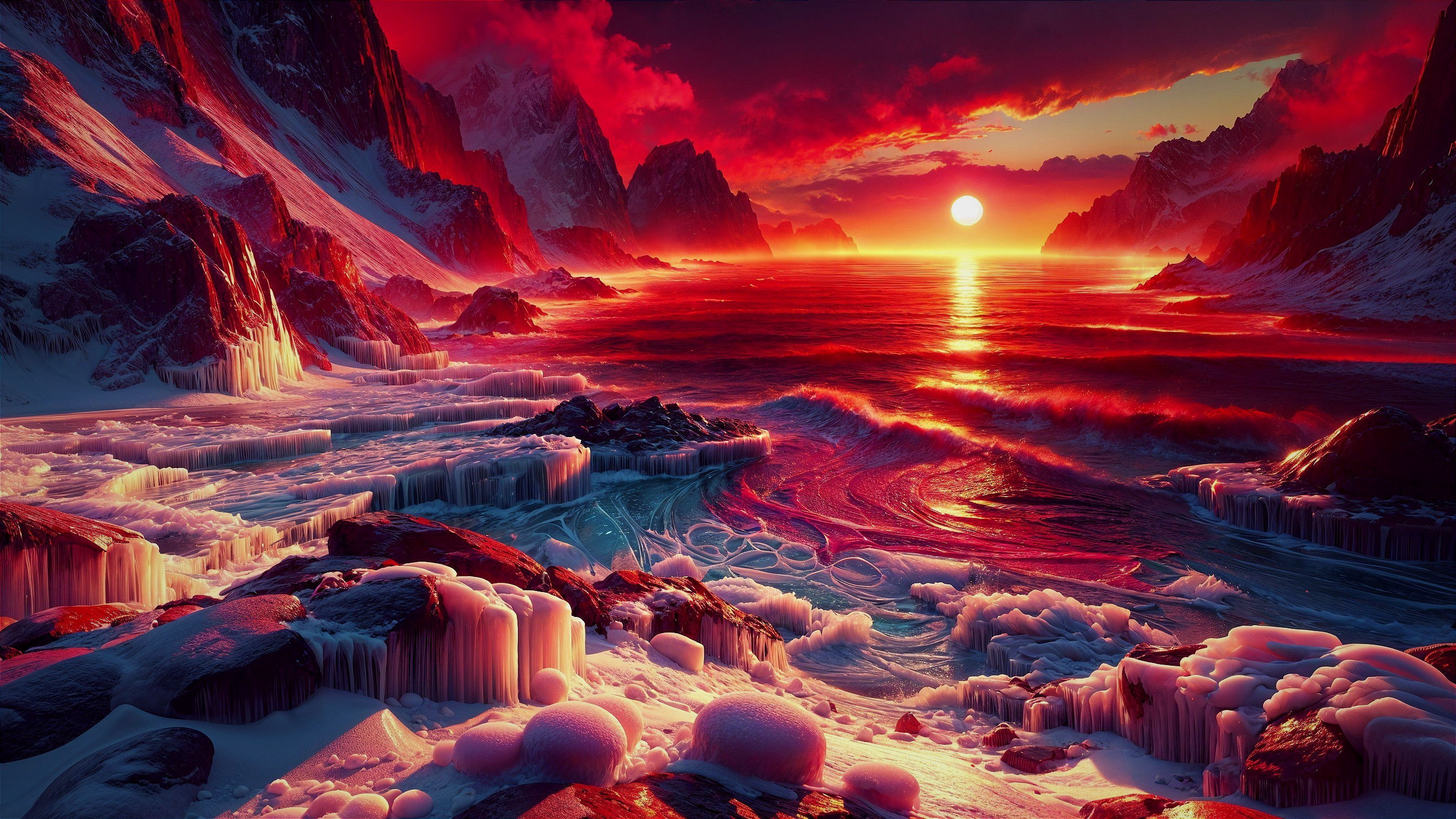 Vibrant Sunset Over Rugged Coastline and Mountains
