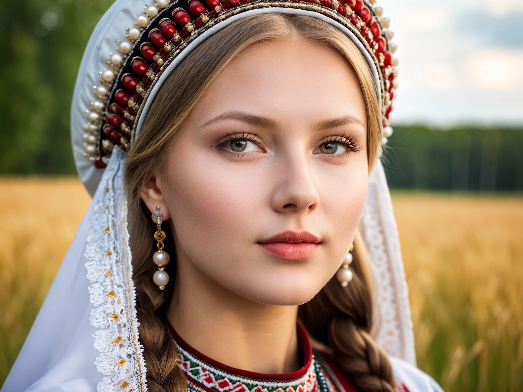 Young Woman in Traditional Attire in Golden Fields