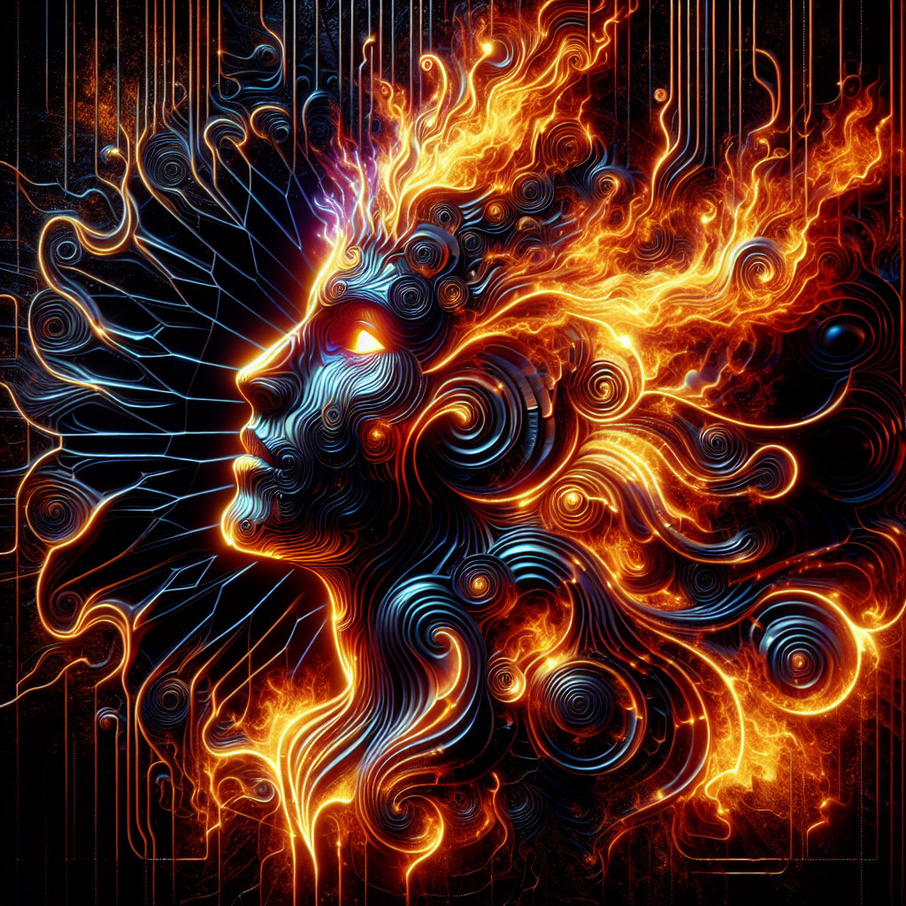 Abstract Figure with Fiery Hair and Cosmic Background