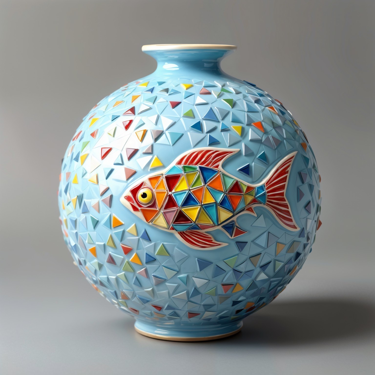 Vibrant Ceramic Vase with Fish Motif and Mosaic Design