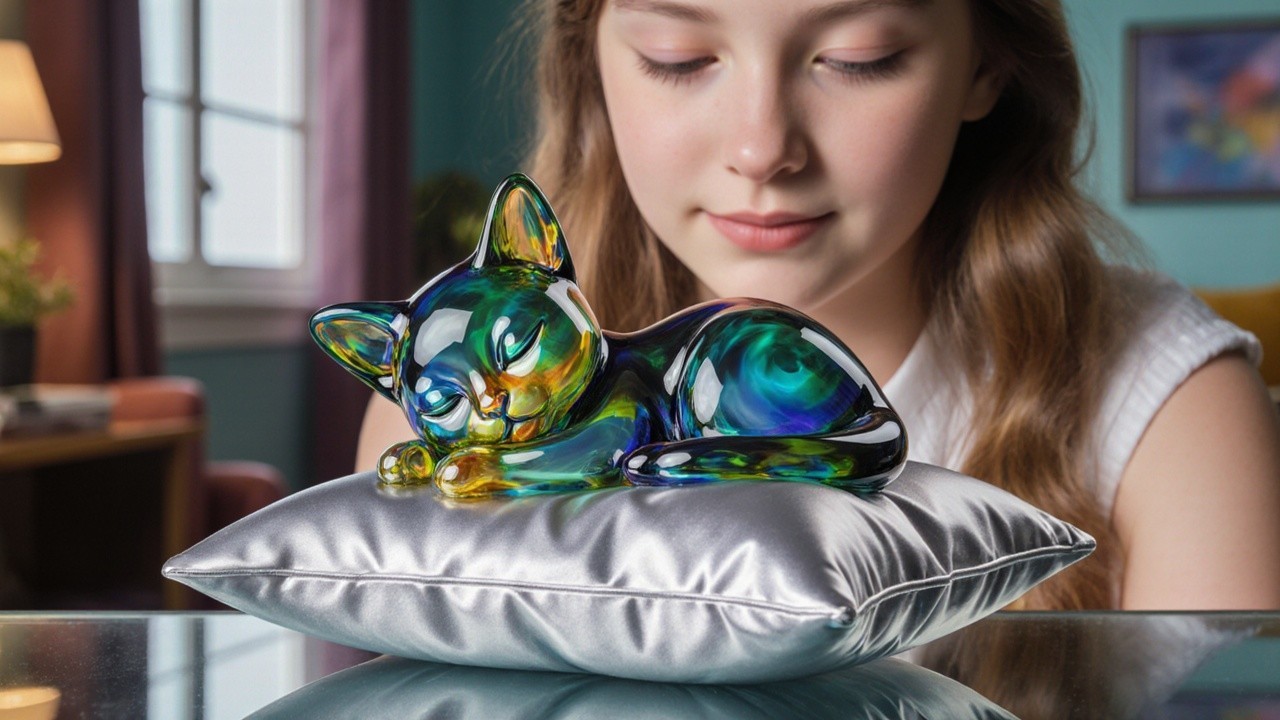 Vibrant Glass Sculpture of a Sleeping Cat on Pillow