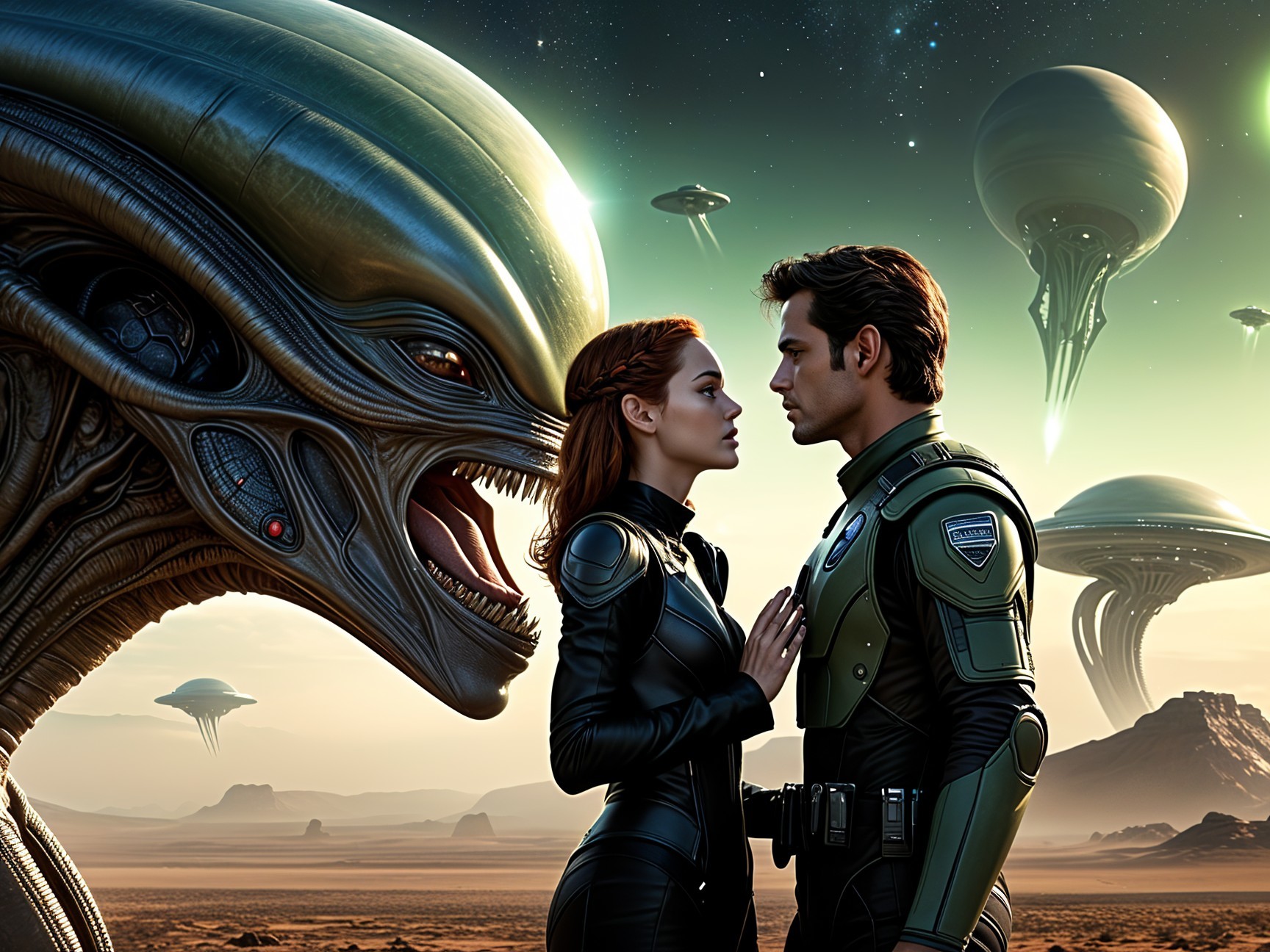 Futuristic Landscape with Alien Creature and Spacecraft