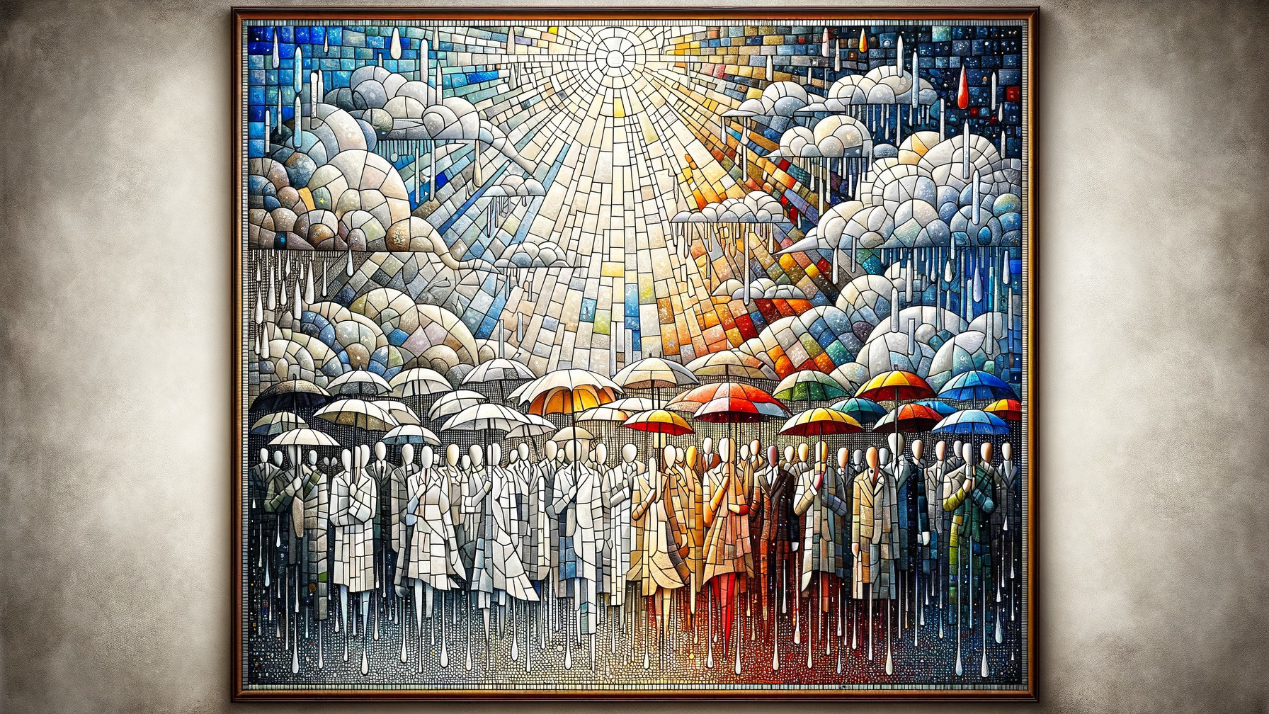 Vibrant Stained Glass Scene of Figures with Umbrellas