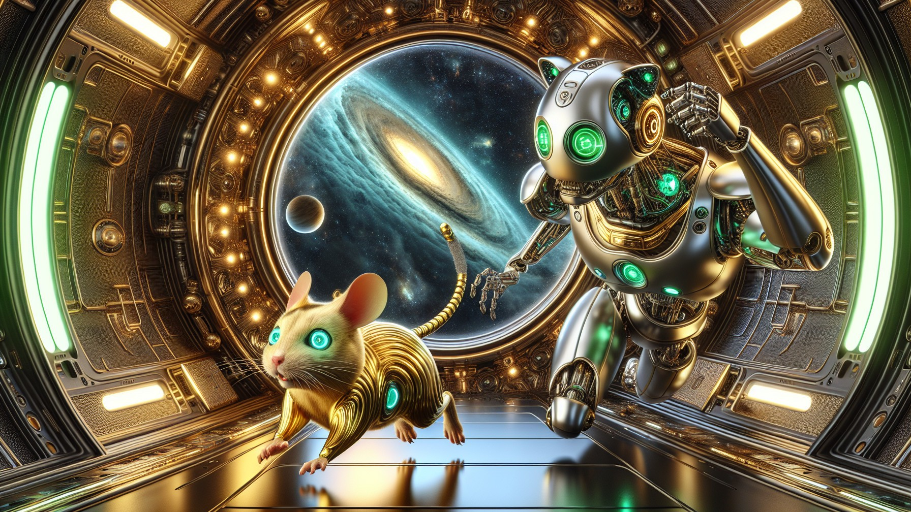 Futuristic Scene of Robot and Mouse in Spaceship Corridor