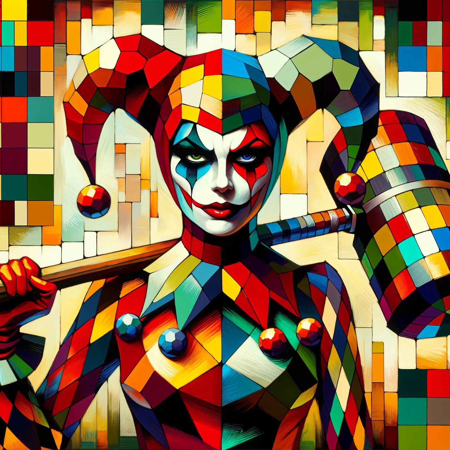 Abstract Jester Figure in Colorful Harlequin Costume