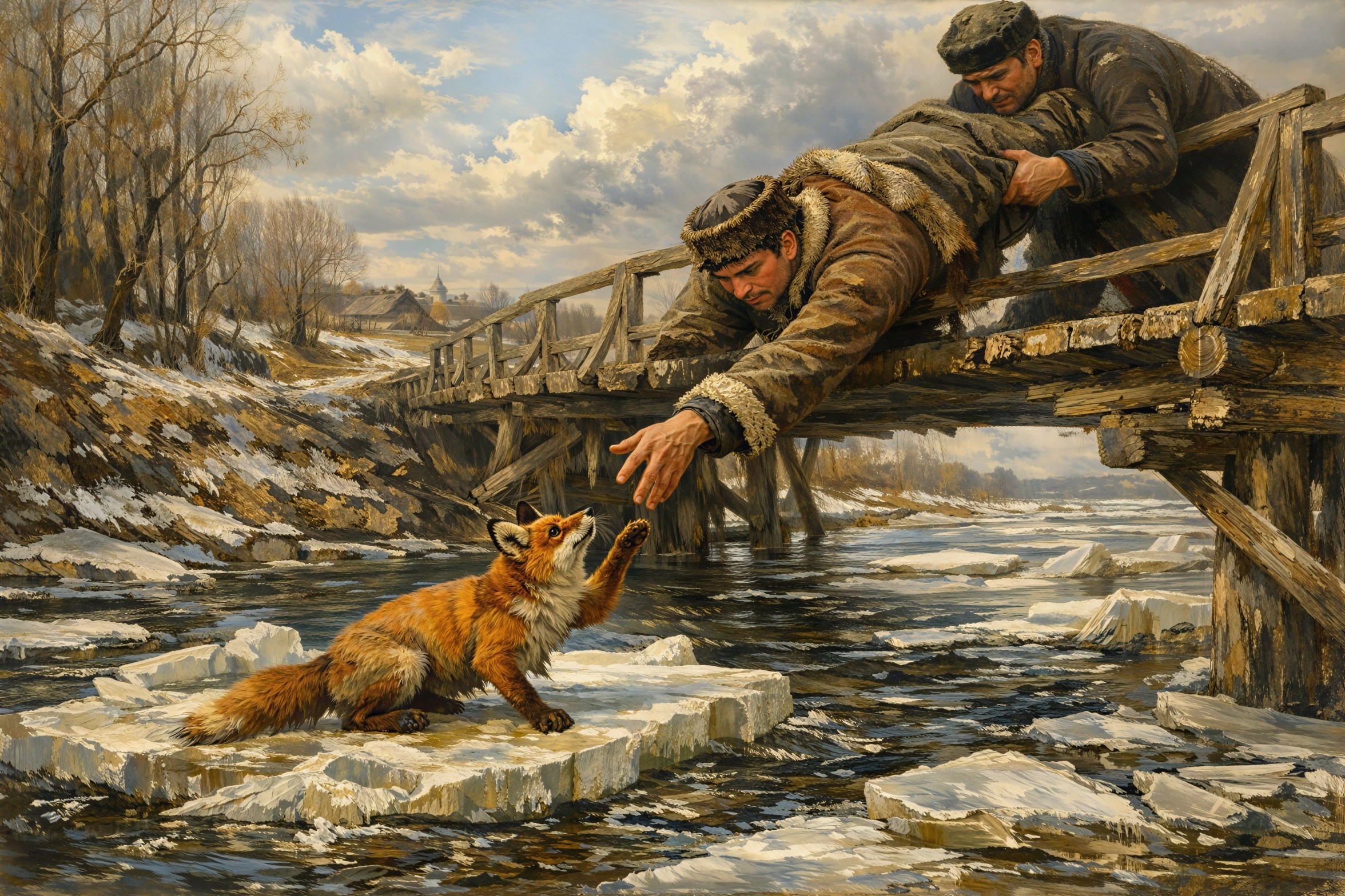 Winter Scene with Man and Fox by a Frozen River