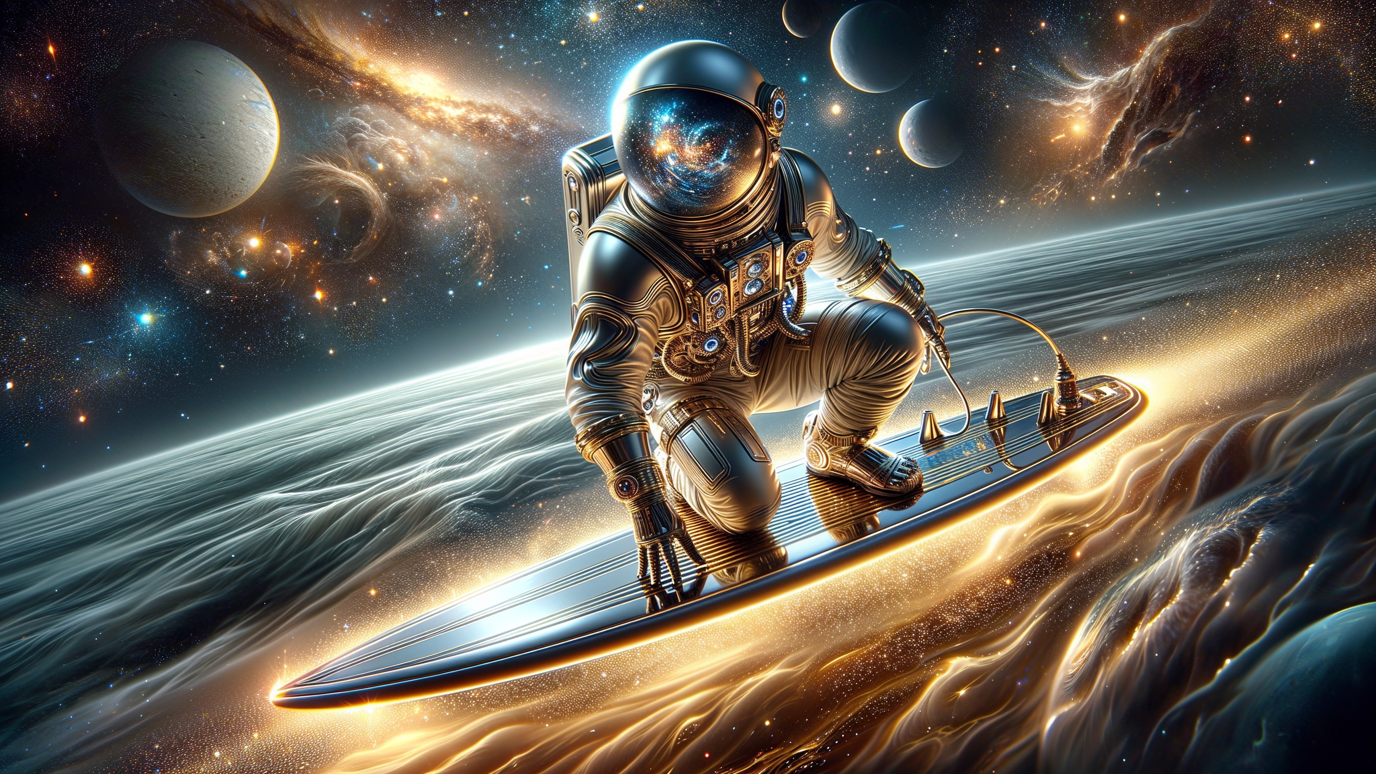 Astronaut on Surfboard in Cosmic Landscape