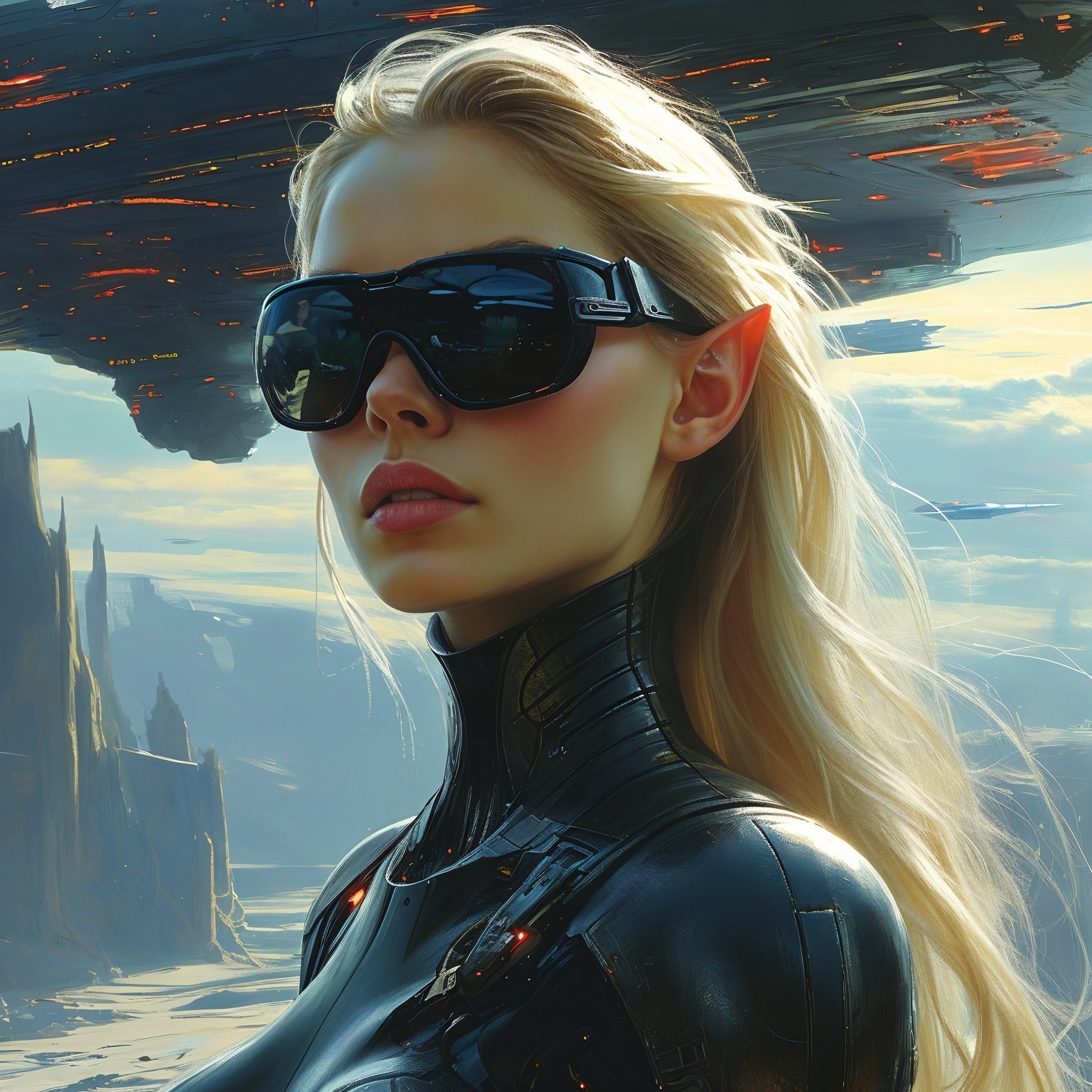 Futuristic landscape with a confident figure and spaceship
