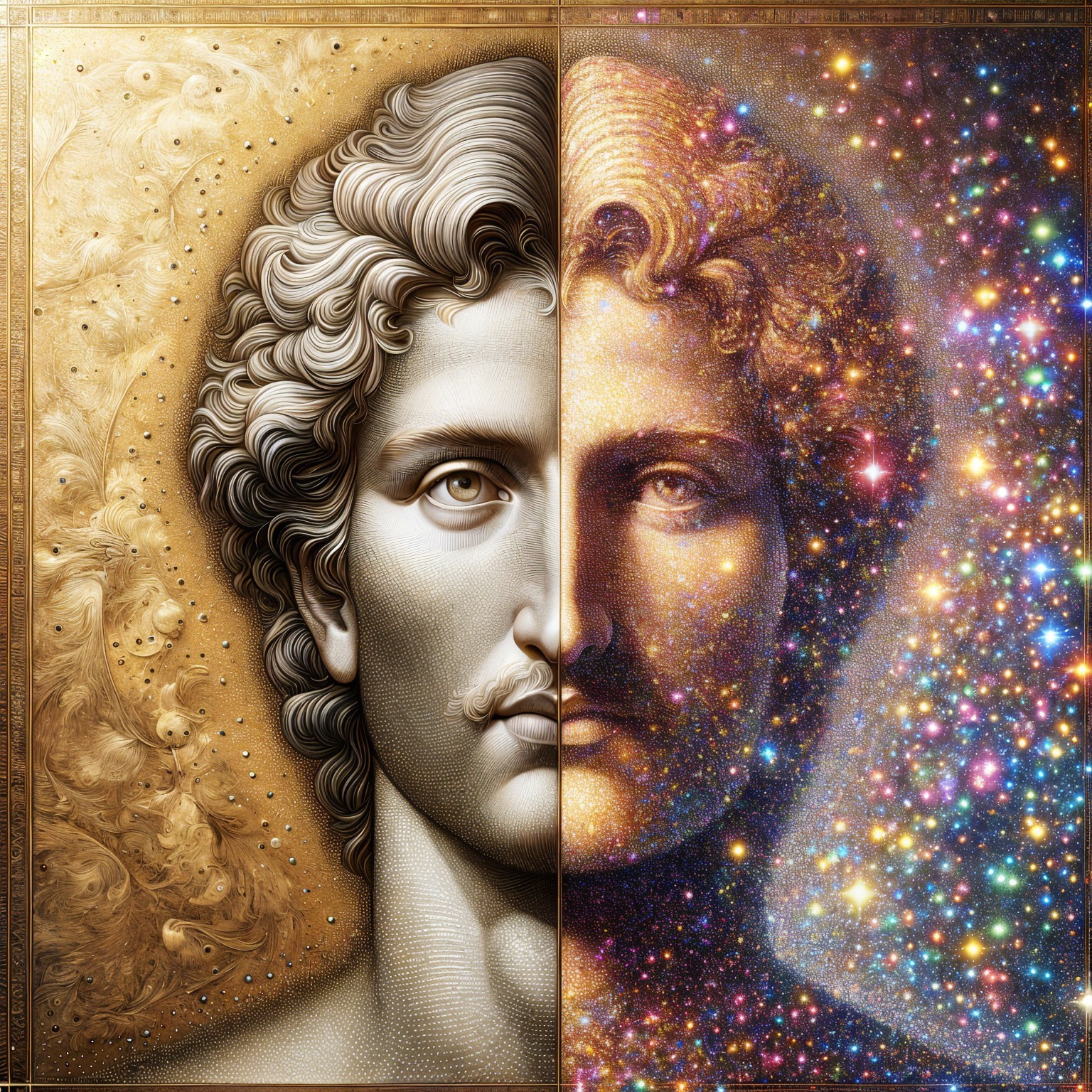 Dual Portrait of Classical Figure and Vibrant Cosmos